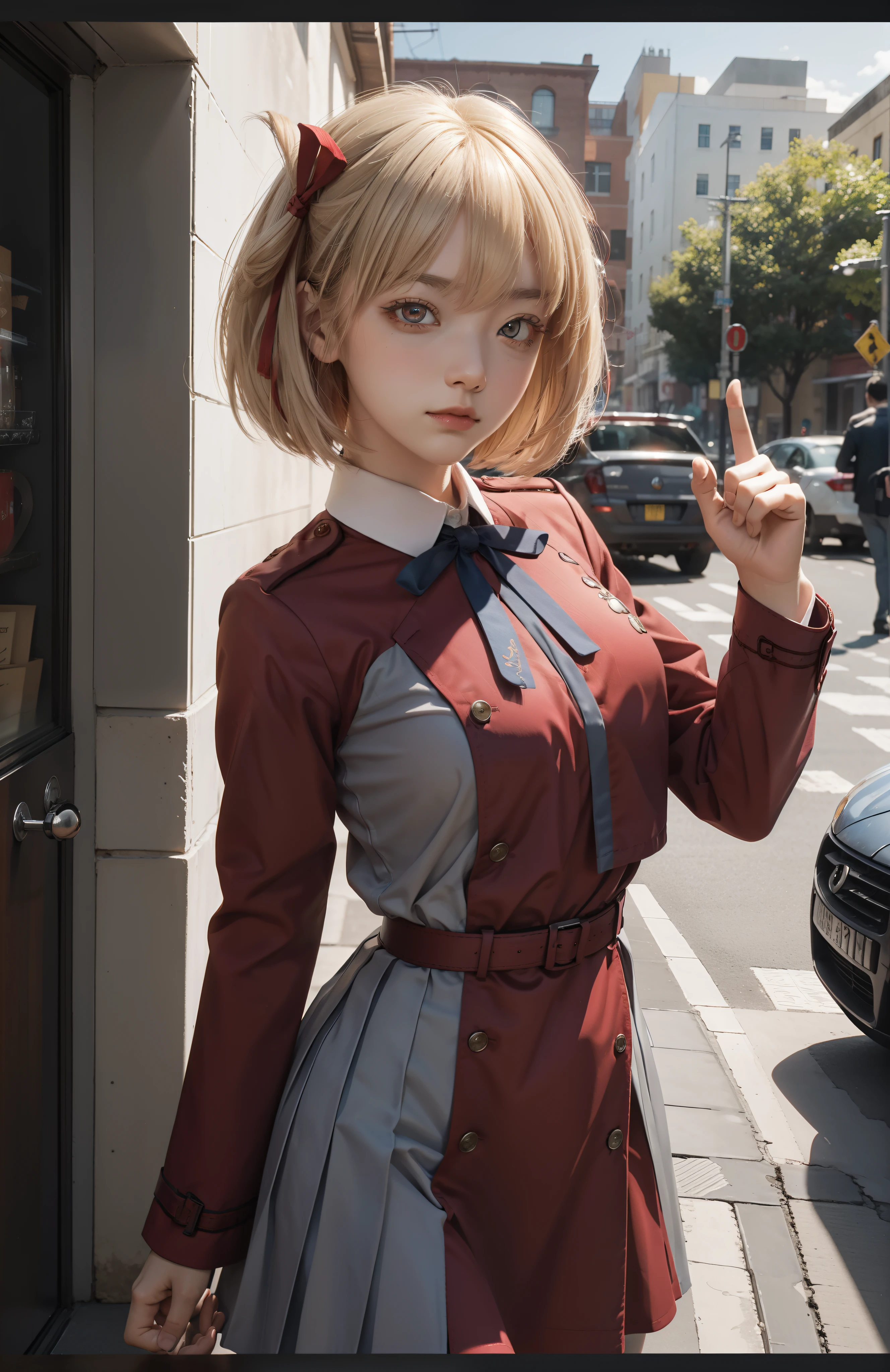 chisatonishikigi, nishikigi chisato, short hair, bangs, blonde hair, (red eyes:1.5), hair ribbon, one side up, bob cut,
BREAK shirt, long sleeves, dress, ribbon, white shirt, collared shirt, belt, neck ribbon, red dress, blue ribbon, pleated dress, grey dress, two-tone dress, red belt, lycoris uniform,,
BREAK outdoors, city,
BREAK looking at viewer, BREAK (masterpiece:1.2), best quality, high resolution, unity 8k wallpaper, (illustration:0.8), (beautiful detailed eyes:1.6), extremely detailed face, perfect lighting, extremely detailed CG, (perfect hands, perfect anatomy),