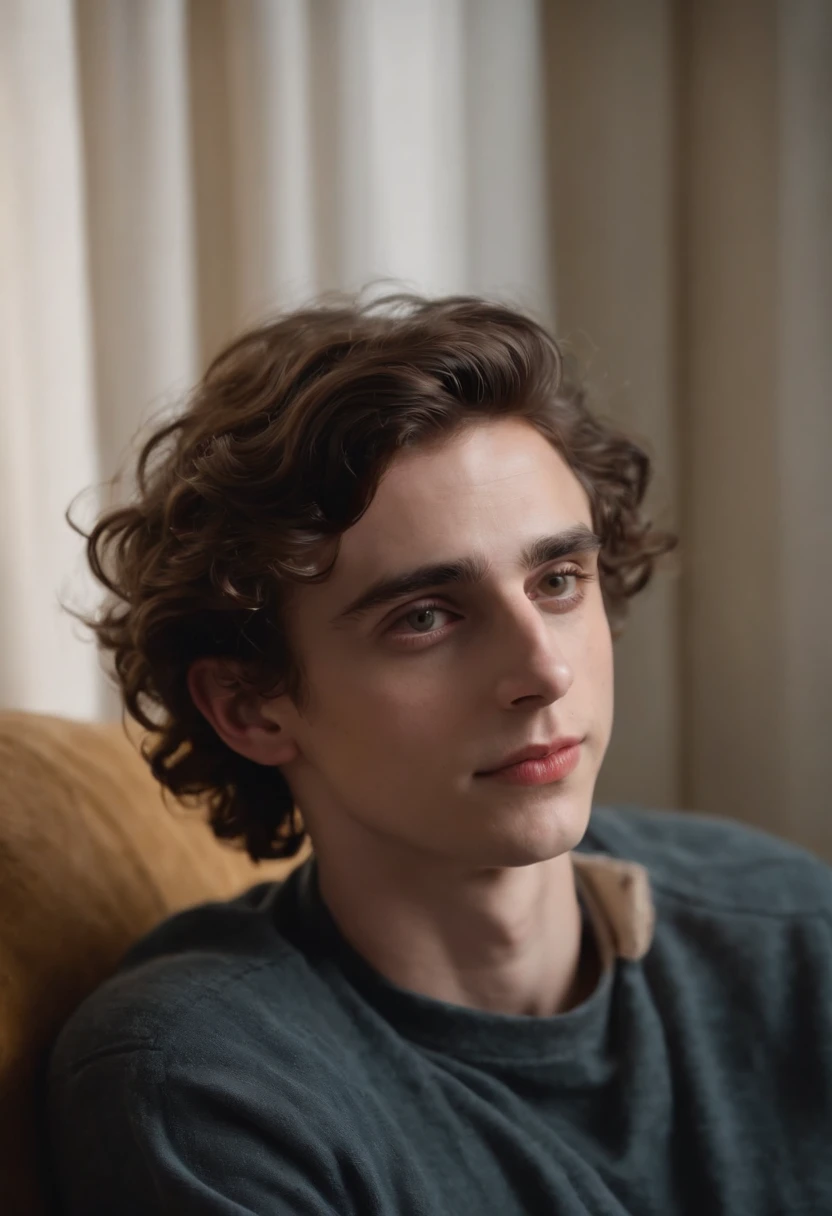 Very very high quality and realistic Timothee chalamet sits on a couch with back straight and legs visible