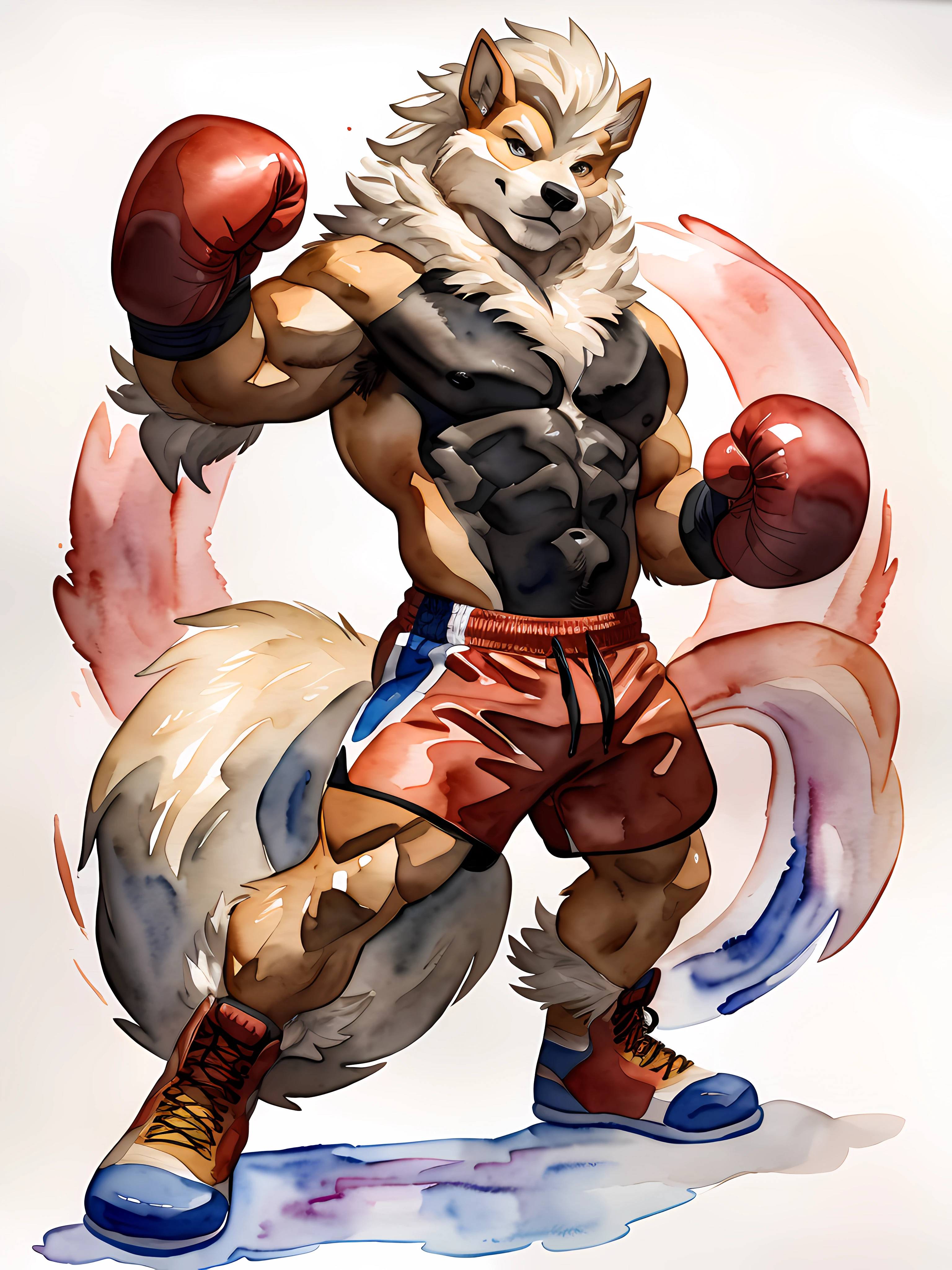 anthro Arcanine, posing for the camera, wearing boxing gloves. 4k, high resolution, best quality, posted on e621, (solo:1.2), anthro body, male, (mane:1.1), adult, masculine, (very muscular, heavyweight:1.2), correct anatomy, (white background, watercolor background:1.2), (by wfa:1.2), (by chunie, by Taran Fiddler:0.8), (detailed eyes:1.2), sexy, (cel shaded:1.2), cartoony shading, (watercolors:1.2), (fluffy tail:1.2), (full body:1.2), (boxing gloves:1.1), (boxing trunks:1.2), (looking at viewer:1.2), bright eyes, (black stomach, black chest:1.2), (boxing shoes:1.1)