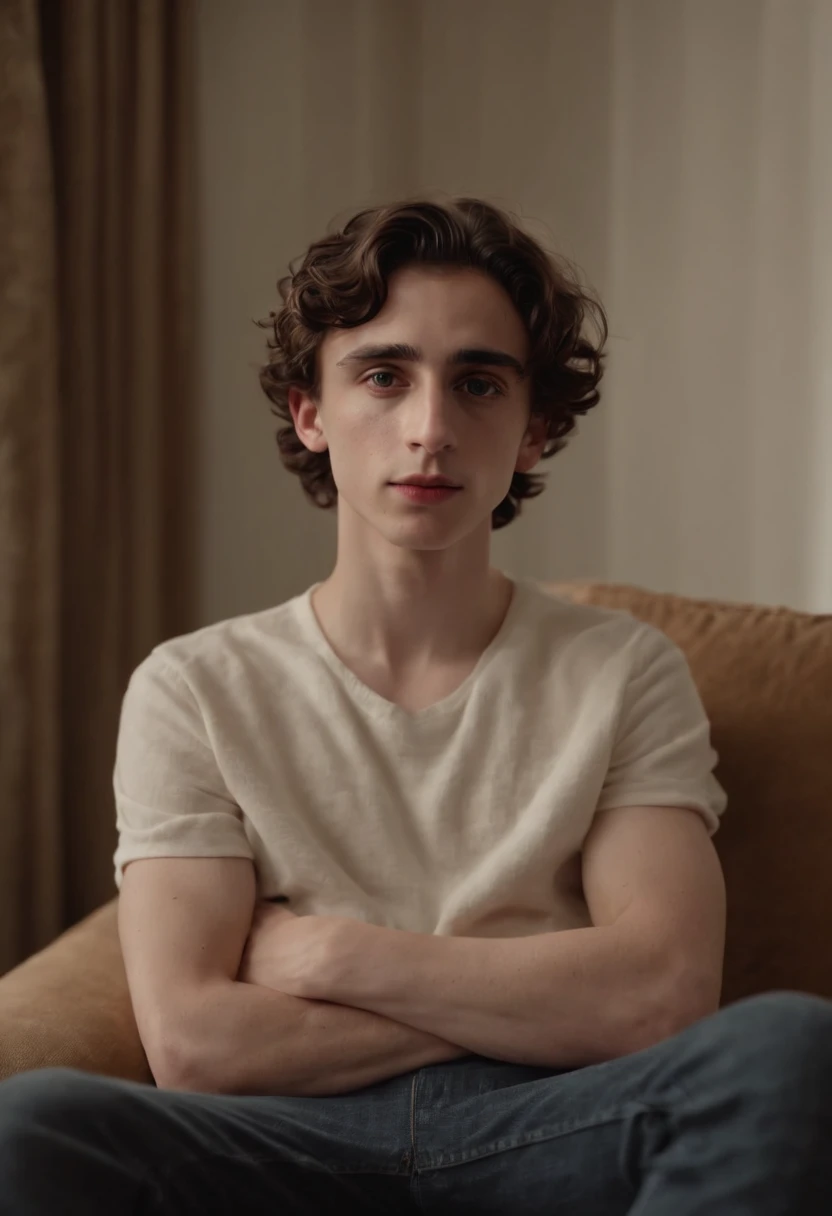 Very very high quality and realistic naked Timothee chalamet sits on a couch with back straight and legs visible
