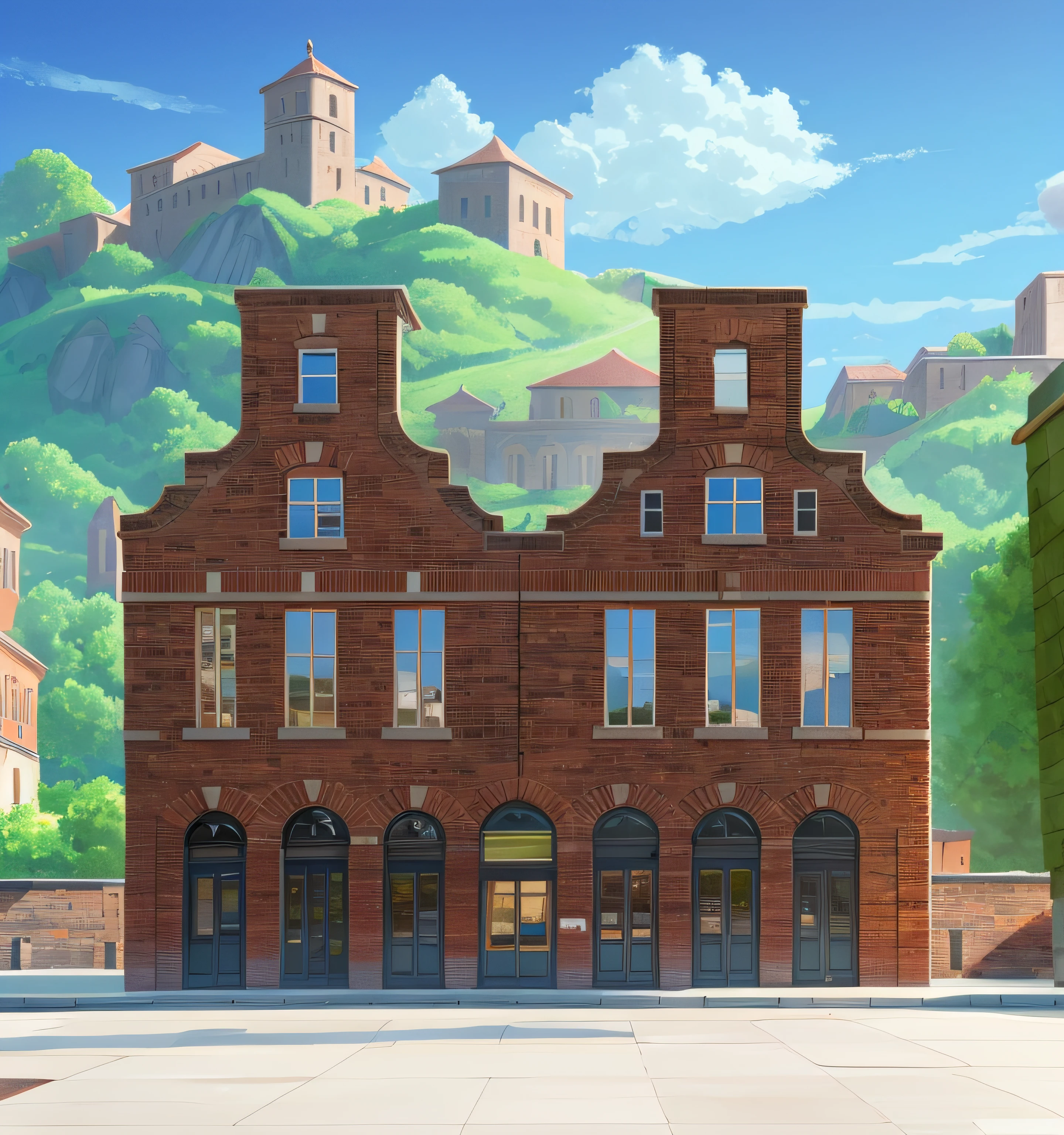 There is a brick building，There is a sign on it，It says Pika, town background, palace background, town center background, train station background, Anime landscape concept art, Anime background art, arte de fundo, [[empty warehouse]] Background, tavern background, anime backgrounds, Factory background, city ruins background, Prison background, dungeon background, rpg background, in a dungeon background，Q version building,quadratic element,Pure flat wind，