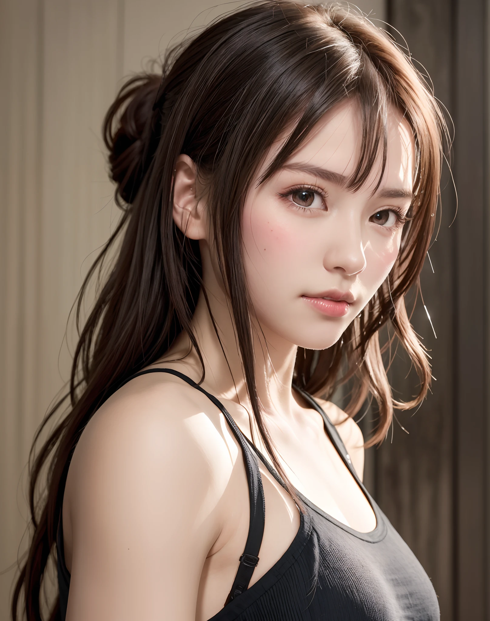 High fidelity Photograph, masutepiece, Delicate hair texture, Detailed skin texture, detailed cloth texture, 8K, Add fabric details, Very delicate skin texture, extremely detailed photo, Skin pores, Portrait of a girl, wearing tanktop,