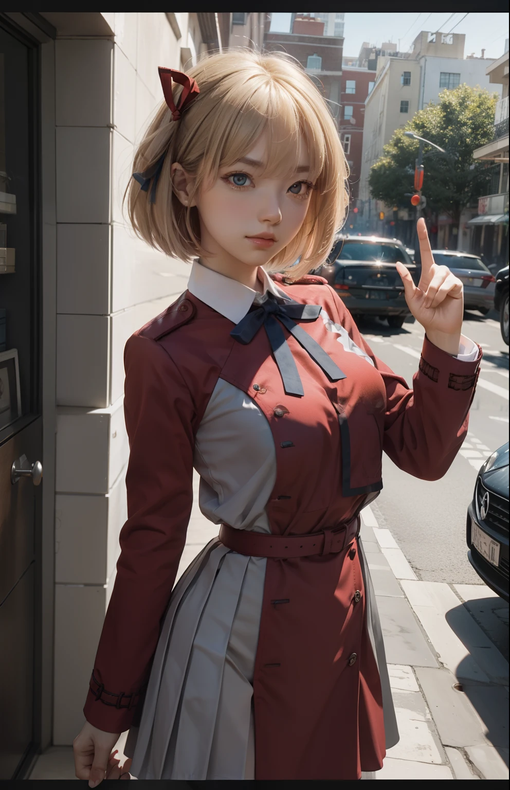 chisatonishikigi, nishikigi chisato, short hair, bangs, blonde hair, (red eyes:1.5), hair ribbon, one side up, bob cut,
BREAK shirt, long sleeves, dress, ribbon, white shirt, collared shirt, belt, neck ribbon, red dress, blue ribbon, pleated dress, grey dress, two-tone dress, red belt, lycoris uniform,,
BREAK outdoors, city,
BREAK looking at viewer, BREAK (masterpiece:1.2), best quality, high resolution, unity 8k wallpaper, (illustration:0.8), (beautiful detailed eyes:1.6), extremely detailed face, perfect lighting, extremely detailed CG, (perfect hands, perfect anatomy),
