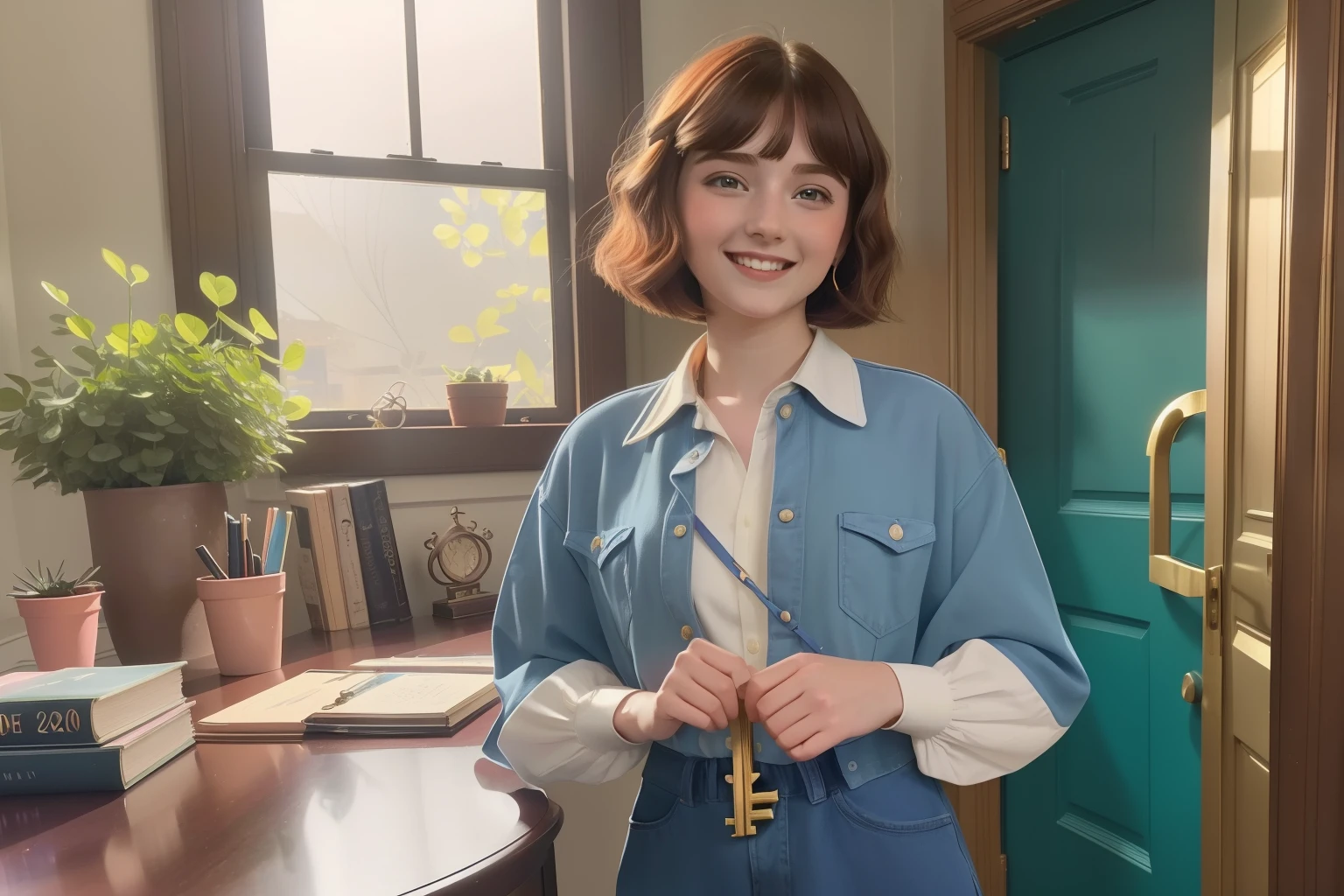 year: 2023. Location: Phoenix. Pre-Raphaelite scene with a 17-year-old Emma Myers, with a bob haircut, colorful clothes and a big smile, holding a ((key)), in a masculine home office, ((((casual Clothing from the 2020s)))) ((Hairstyle of the 2020s)), pastel colors, (((cinematic style)))