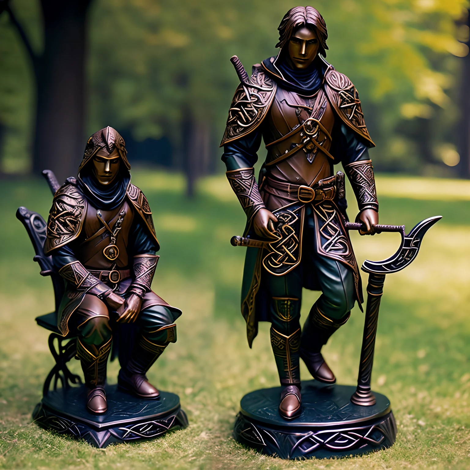 RPG Model,CeltPunkAI , Bronze figurine , ember ((solo)) Dressed in a gothic black coat below the knees , sitting on a park bench , You can see his serious and thoughtful look , A gilded cane can be seen in his hand , Front light.