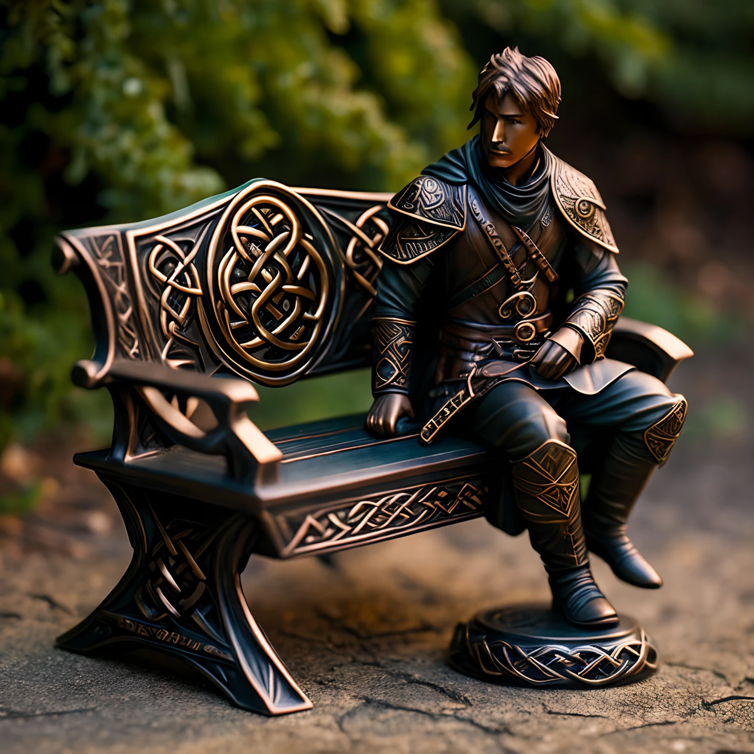 RPG Model,CeltPunkAI , Bronze figurine , ember ((solo)) Dressed in a gothic black coat below the knees , sitting on a park bench , You can see his serious and thoughtful look , A gilded cane can be seen in his hand , Front light.