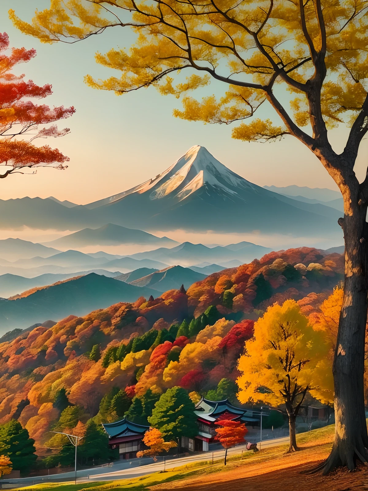 Autumn in Korea, The trees are green, Yellow & Red, Mountains in the distance