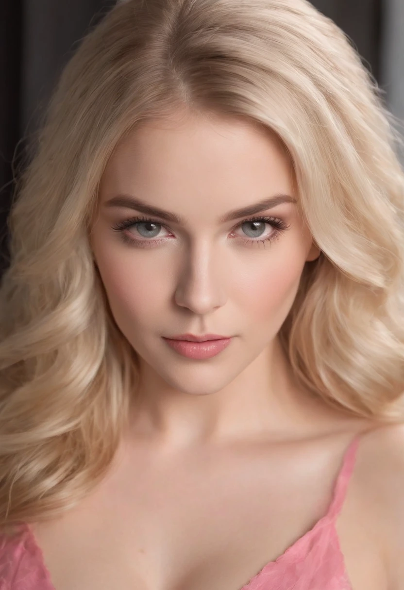 linseed oil painting, ultra-detailed, highest possible resolution, strong pose, resilient facial expression, ultra-detailed background, dark natural colors, a stunningly beautiful curvy blonde buxom white woman, dressed in all pink, surrounded by pink ribbons, voluptuous, full body picture