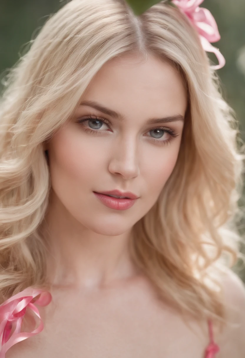 linseed oil painting, ultra-detailed, highest possible resolution, strong pose, resilient facial expression, ultra-detailed background, dark natural colors, a stunningly beautiful curvy blonde buxom white woman, dressed in all pink, surrounded by pink ribbons, voluptuous, full body picture