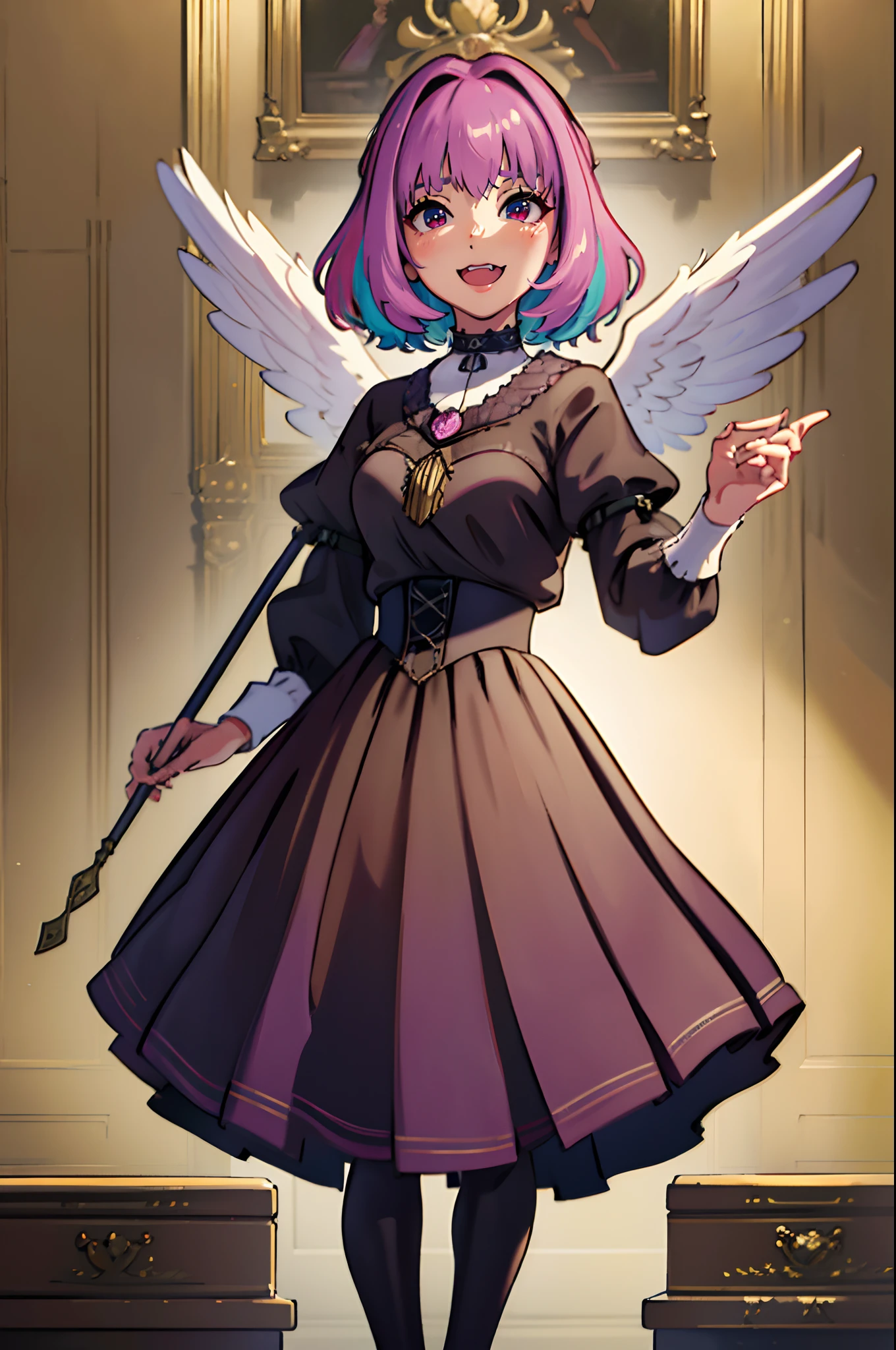 (best quality,masterpiece:1.2),intricate details,beautiful detailed eyes,beautiful detailed lips,extremely detailed eyes and face,longeyelashes,riamu, modeseven,super curvy,comic style,vibrant colors,standing,innocent, full body, standing, smile, princess dress, noble clothing, holy angel magicalgirl, open mouth fang, holy haura, halo, smile, joyfull, paladin, staff holding, blessed, holy haura, long skirt, (best quality, masterpiece:1.2), ultra-detailed, (, 1.37), portraits, vivid colors, warm tones, sharpteeth open mouth, smile, soft lighting, Renaissance, Neoclassicism, interior architecture, rococo style, Art Deco, high detail, American propaganda poster, Baroque, Contemporary art, Constructivism, Dutch Golden Age painting, Northern Renaissance, Monet, Luminism, Ghibli-like colours, Classicism, Art Nouveau, anime style, Post-Impressionism, Pixar, Verism, pre-rephaëlite painting, Fujicolor, ray tracing, 4k, 8k, highres, best quality, highres, 1080P, HD, 4K, 8k, award winning, high details, textured skin, ccurate, masterpiece, retina, UHD, anatomically correct, super detail, textured skin, 16k