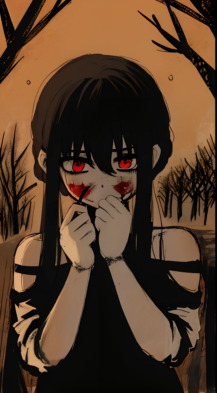 an anime girl, with long blue hair, medium-large pink eyes, black clothing and a band around the neck and arm, and a little covered in blood, since she is a murderer.