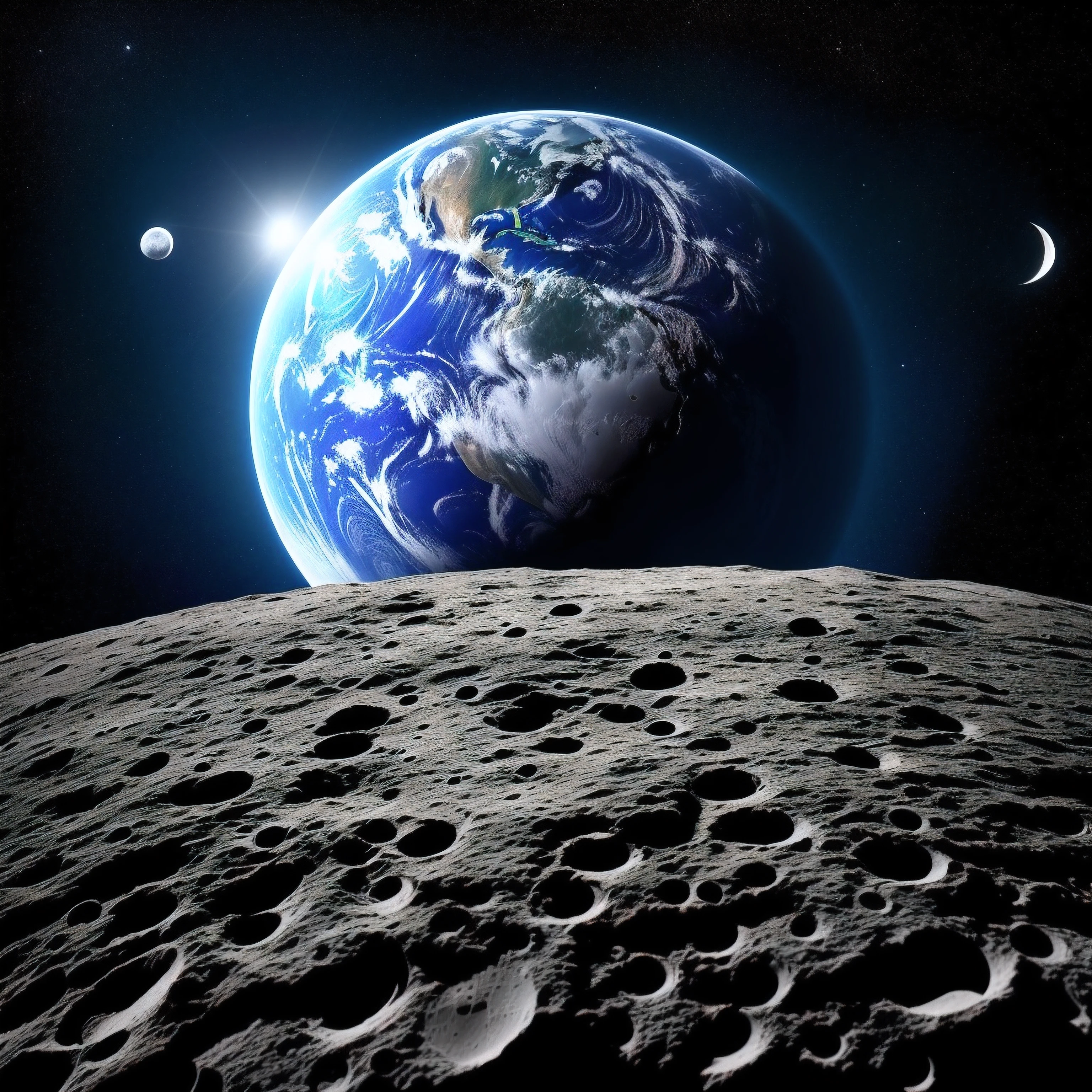 Close-up of planets with the moon as the background, moon crash into earth, moon surface background, moon crash into earth, moon crash into earth, moon hitting earth, moon surface, lunar backdrop, earth in background, earth in space, earth in foreground, earth outside, on the surface of the moon, Earth in the background，craters