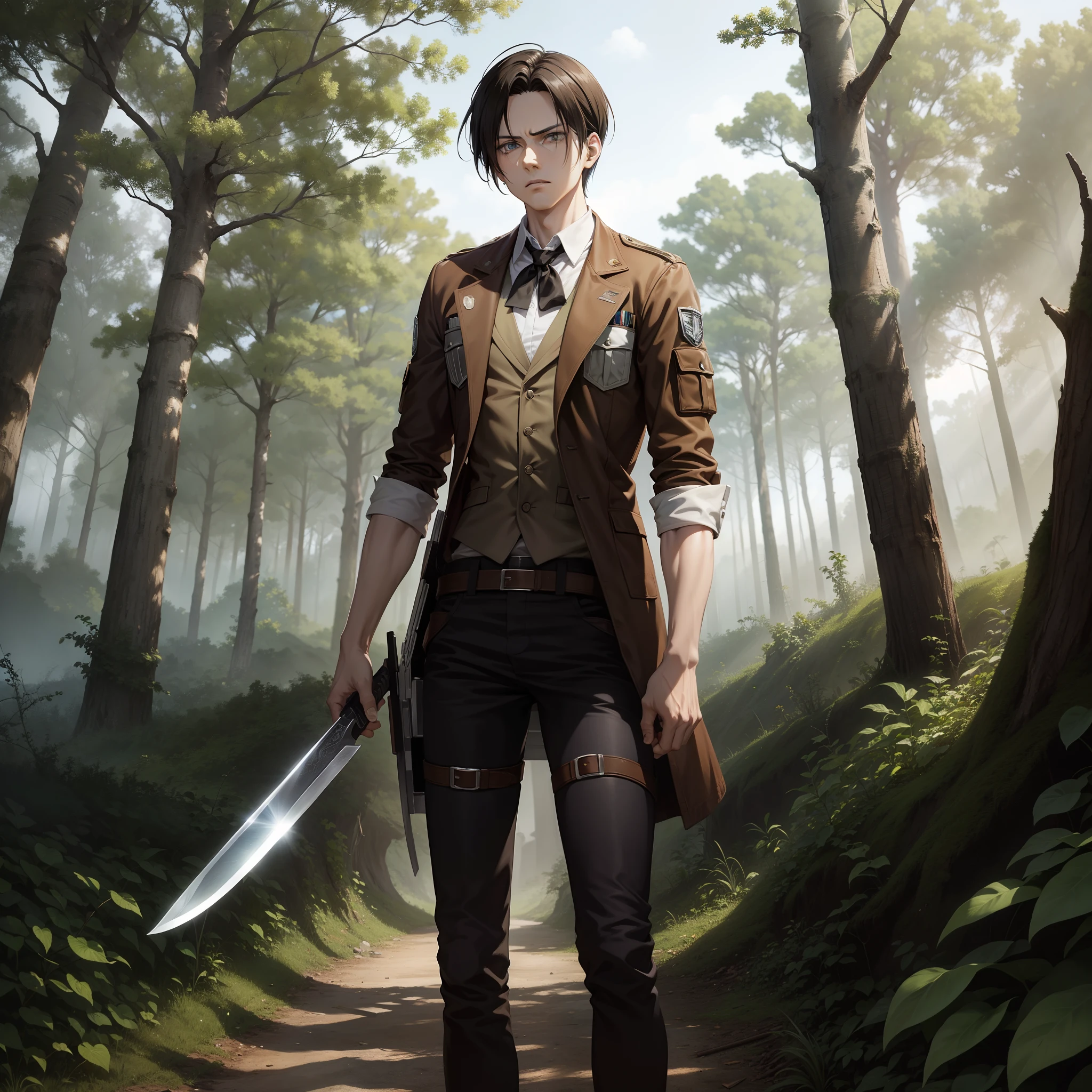 Attack on Titan anime, levi ackerman, excellent quality, levi ackerman standing with a knife in the forest, good face, levi ackerman character, masterpiece, 2d