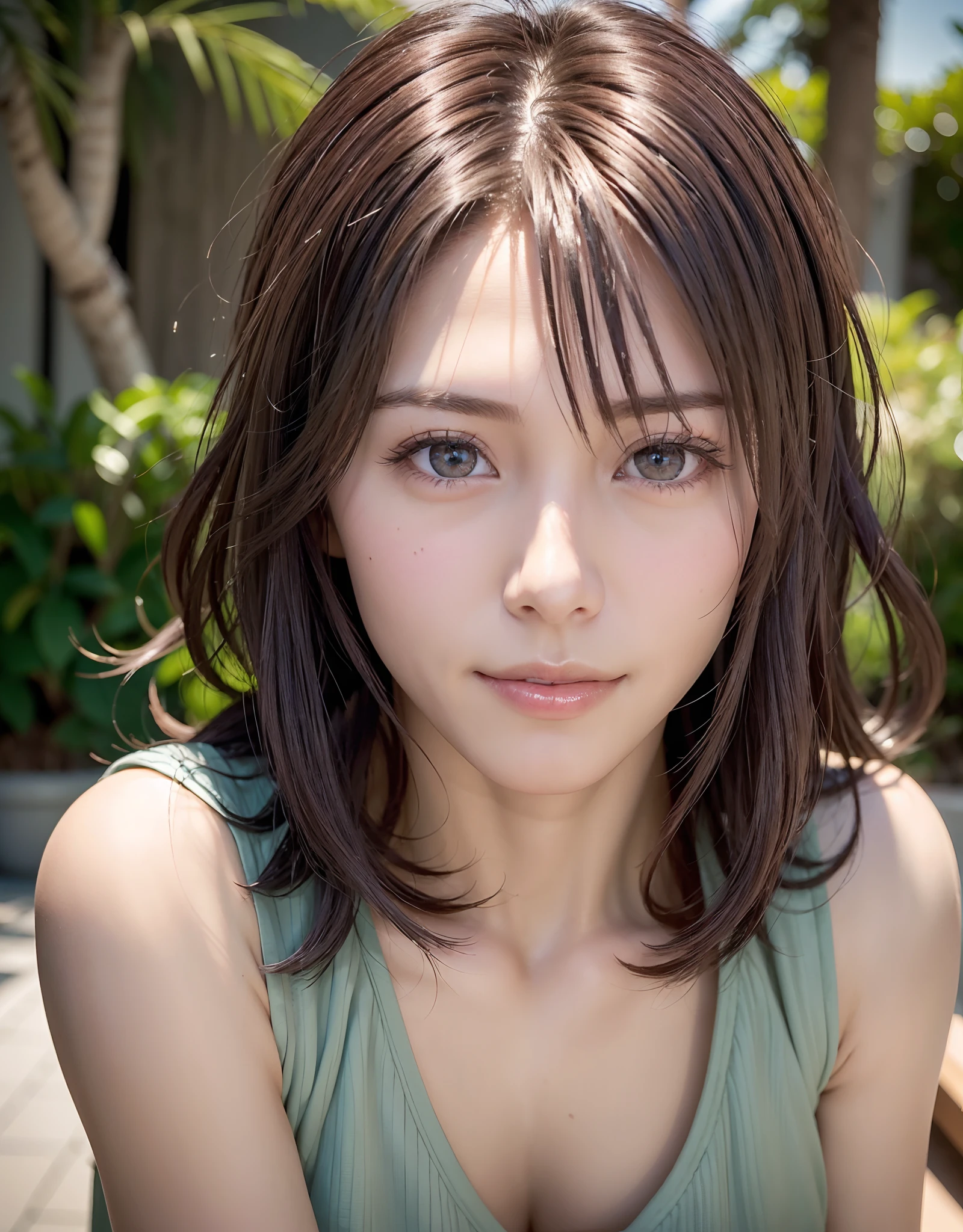 ((((masutepiece, Best Quality, High resolution)))), extremely detailed 8K, Beautiful girl with slim body, (Ultra HD, Ultra-detailed, Highly detailed, Highly realistic, Ultra-realistic, photos realistic), (1girll), short wavy hair, bob cuts, facing at camera, lightsmile, Purple eyes, (beautifull detailed face, Beautiful detailed eyes), Sweat, (rays of sunshine, Sunlight),