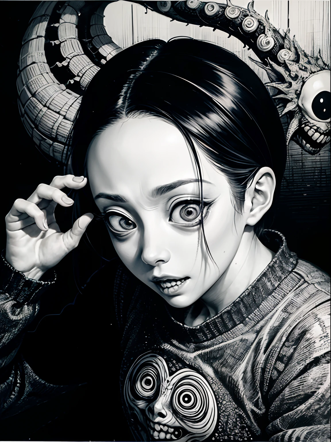 [(Junji Ito:1.5), creepy, dark, black and white, detailed manga line art, scared, horrified, terrified, insane, creepy, unsettling, disturbing, (horror manga style), twisted, warped, psychological horror, grotesque, morbid, surreal]