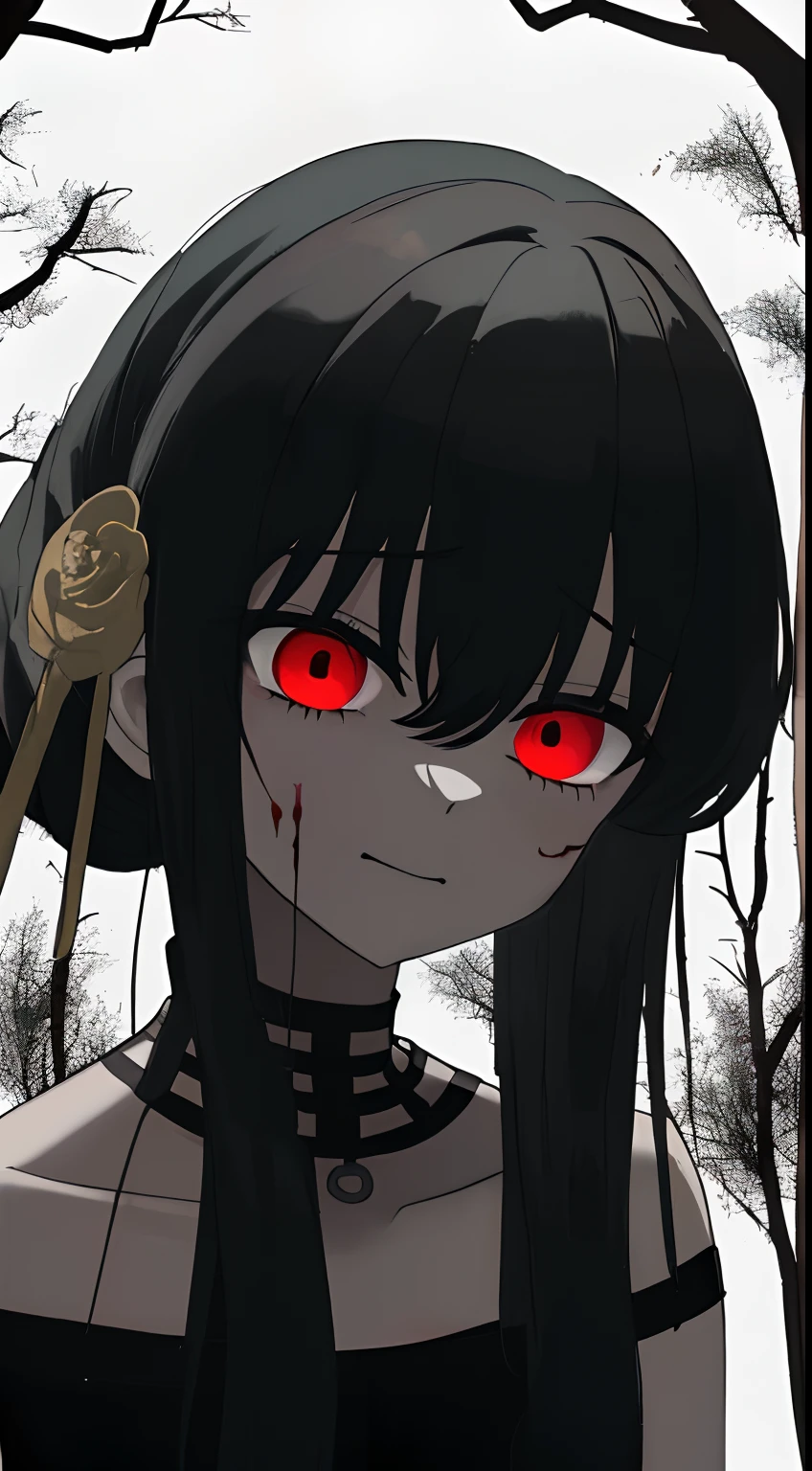 Anime girl playing computer in gloomy hell,Look with lonely eyes,There were countless pairs of eyes in hell looking at her,Everywhere around, The demon's hands stretched out from the blood-colored lake