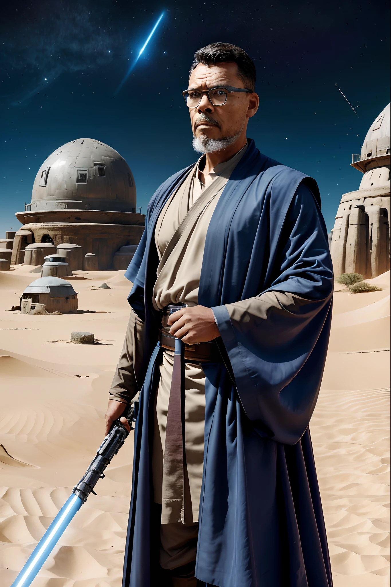 guttoepic2, Create a magazine cover illustration of a bespectacled man wearing the attire of a Jedi Knight from the 'Star Wars' films. He poses for the photograph while holding his blue lightsaber. The scene is set in the desert of the planet Tatooine, with its characteristic igloos from the films, and features significant depth of field. Generate a prompt for an ultra-realistic image with extreme character details.