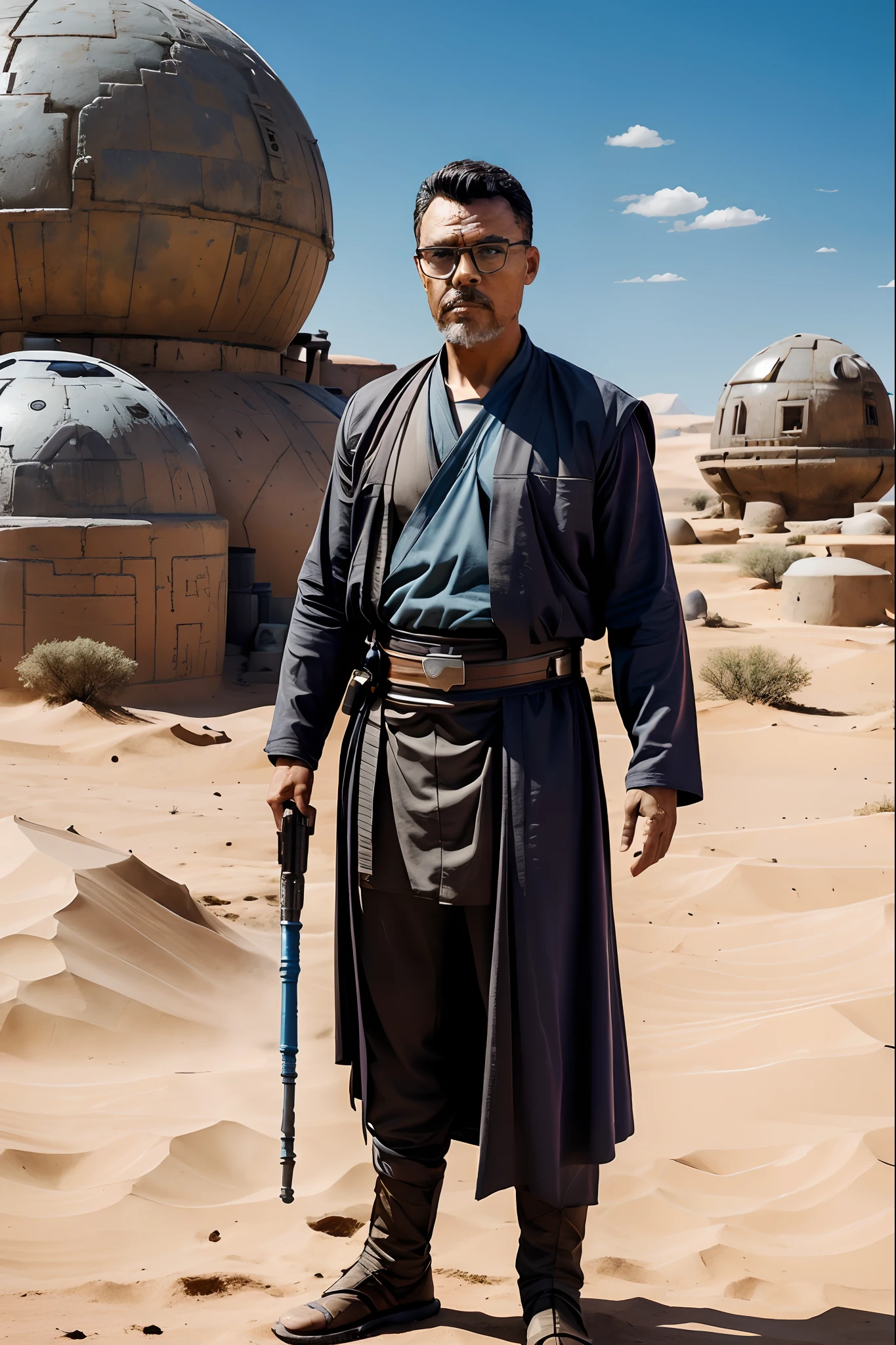 guttoepic2, Create a magazine cover illustration of a bespectacled man wearing the attire of a Jedi Knight from the 'Star Wars' films. He poses for the photograph while holding his blue lightsaber. The scene is set in the desert of the planet Tatooine, with its characteristic igloos from the films, and features significant depth of field. Generate a prompt for an ultra-realistic image with extreme character details.