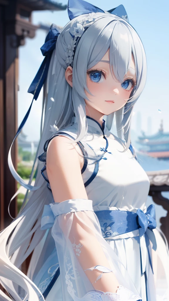 ((Best quality)), ((Masterpiece)), ((Ultra-detailed)), (illustration), (Detailed light), (An extremely delicate and beautiful),A charming young girl,long  white hair,Blue sky,(Chinese Garden),The sword,side looking