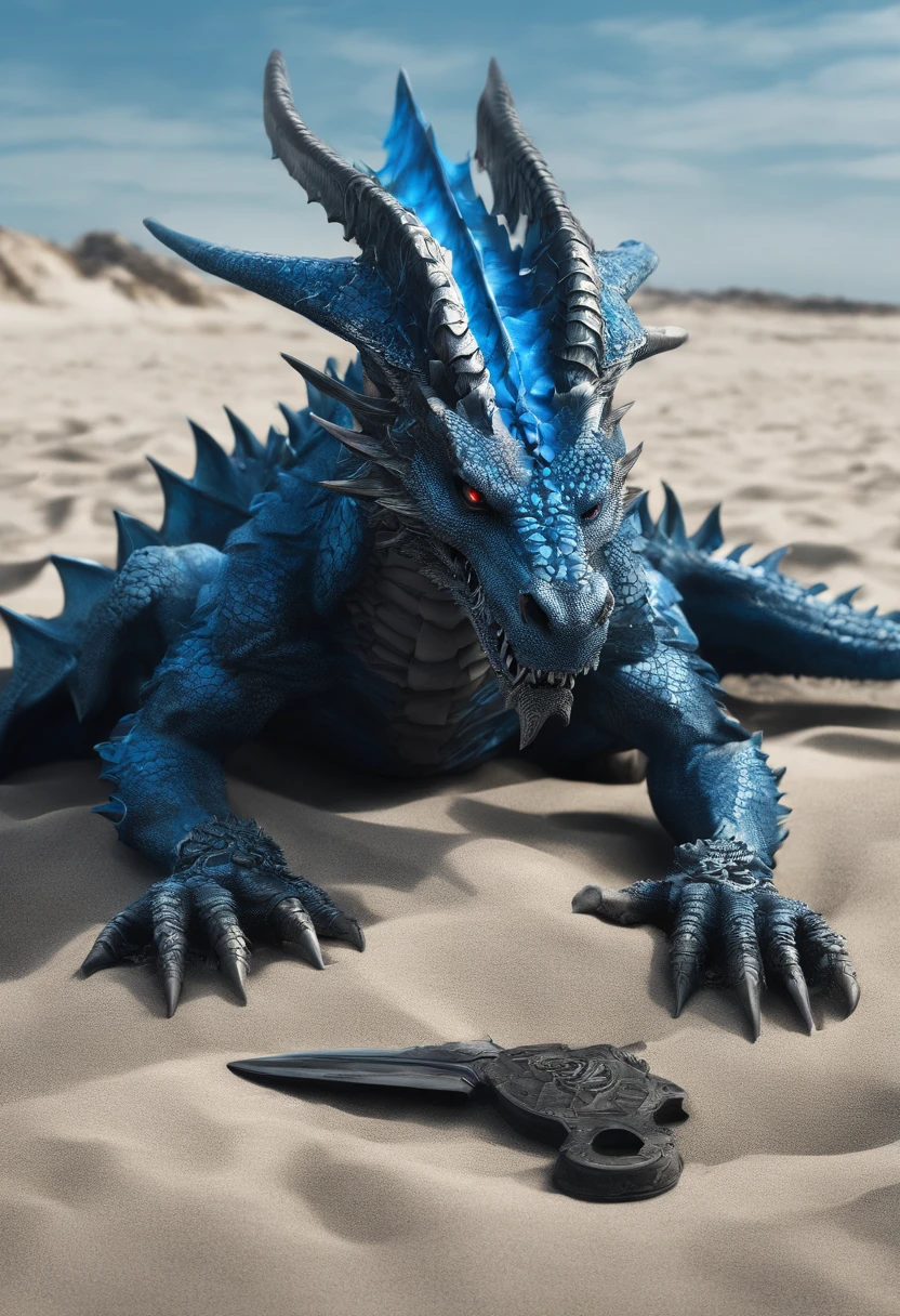 Blue Dragon, on the beach, lying and injured, axe, blue eyes