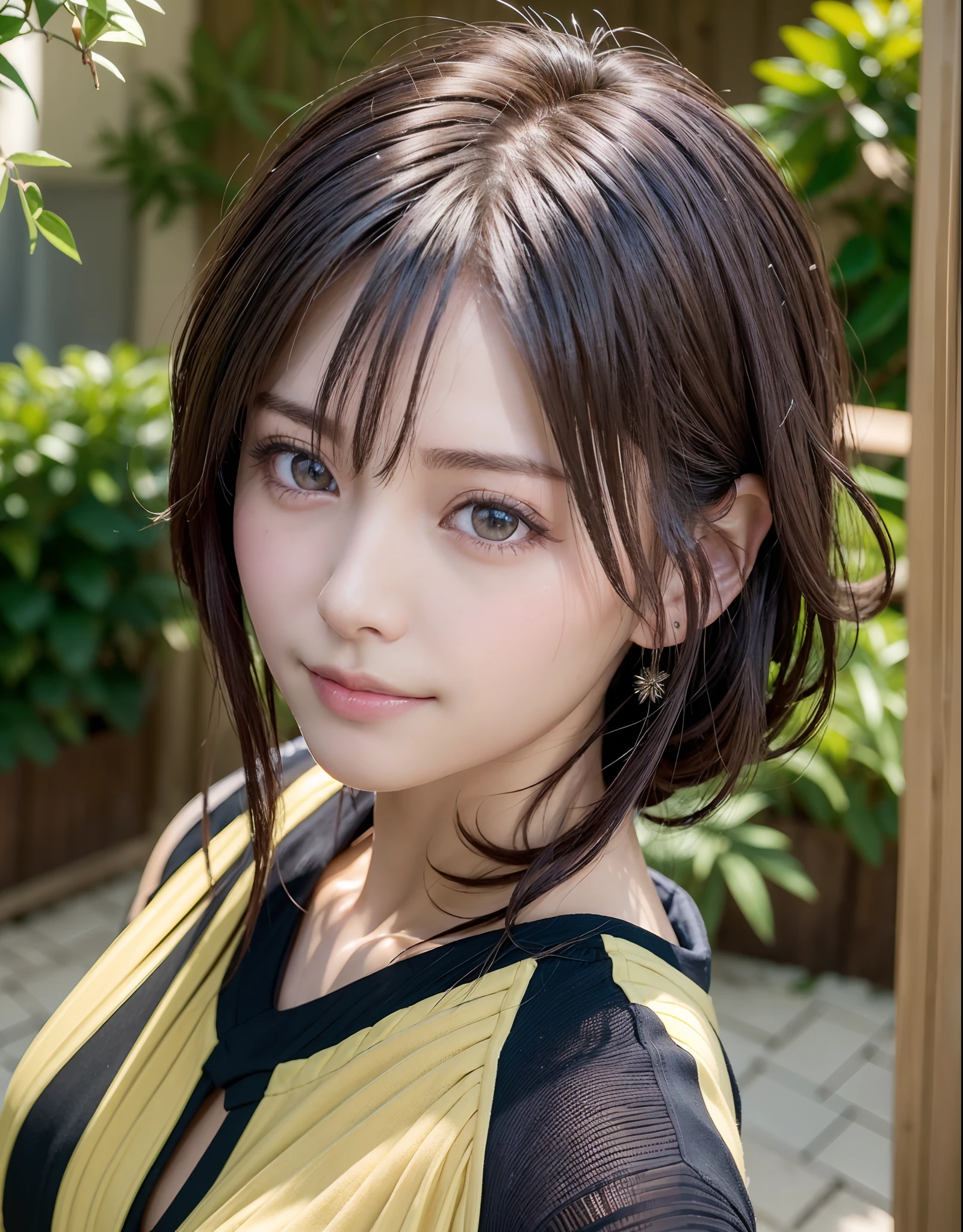 ((((masutepiece, Best Quality, High resolution)))), extremely detailed 8K, Beautiful girl with slim body, (Ultra HD, Ultra-detailed, Highly detailed, Highly realistic, Ultra-realistic, photos realistic), (1girll), short wavy hair, bob cuts, facing at camera, lightsmile, Purple eyes, (beautifull detailed face, Beautiful detailed eyes), Sweat, (rays of sunshine, Sunlight),