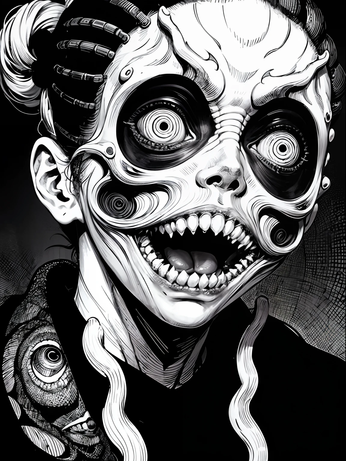 [(Junji Ito:1.5), creepy, dark, black and white, detailed manga line art, scared, horrified, terrified, insane, creepy, unsettling, disturbing, (horror manga style), twisted, warped, psychological horror, grotesque, morbid, surreal]