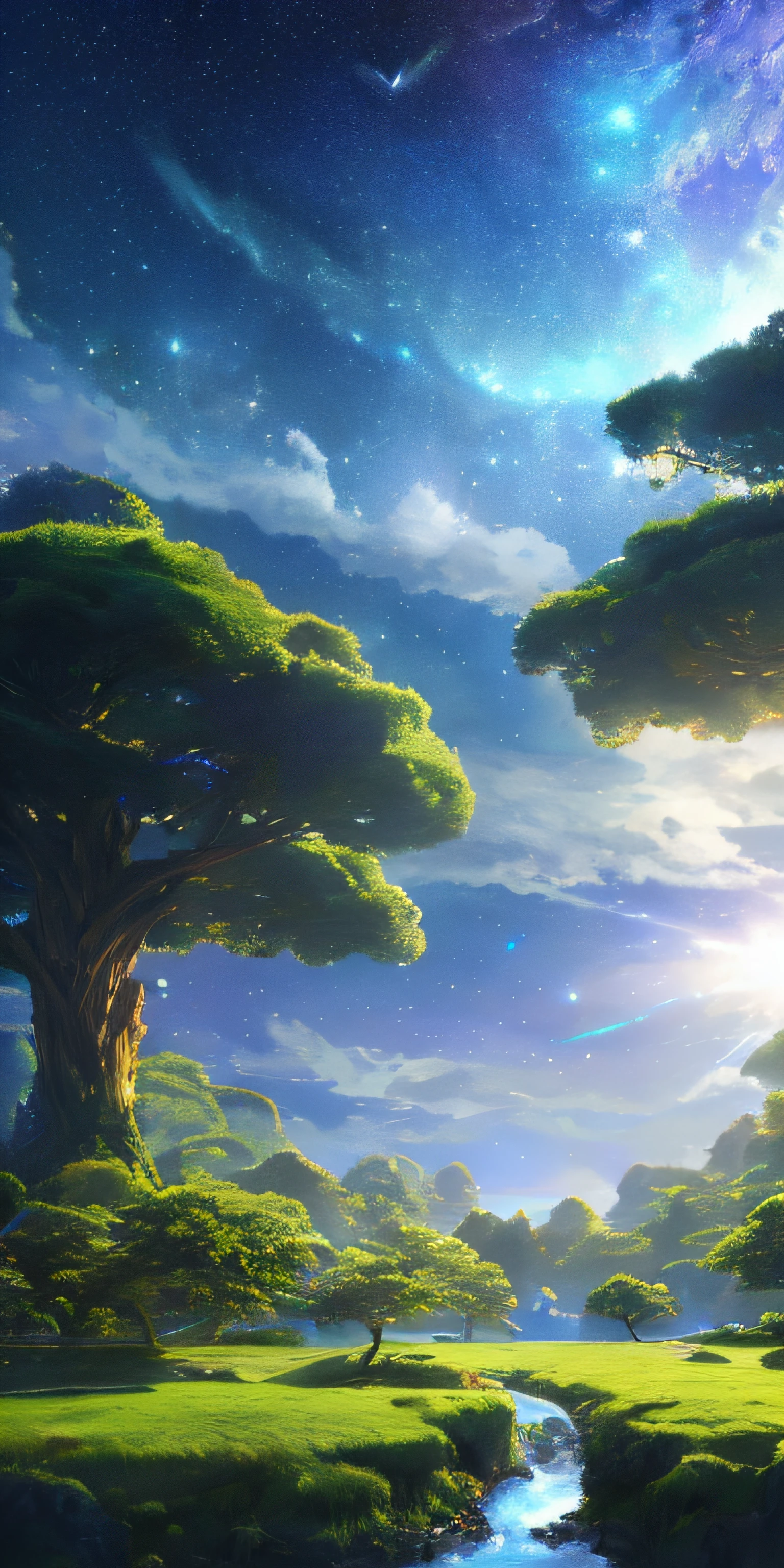 Illustration of a hyperrealistic , otherworldly, ultrasky scene featuring a giant crystal tree full body,very detailed and magical lighting, intricate forest details, vegetation and river around, solarpunk ,landscape, giant tree, beatifull leafy with beautiful lighting and realistic proportions, as if it were a cinematic background, 8k, highest quality, masterpiece, clouds and stars in the sky.