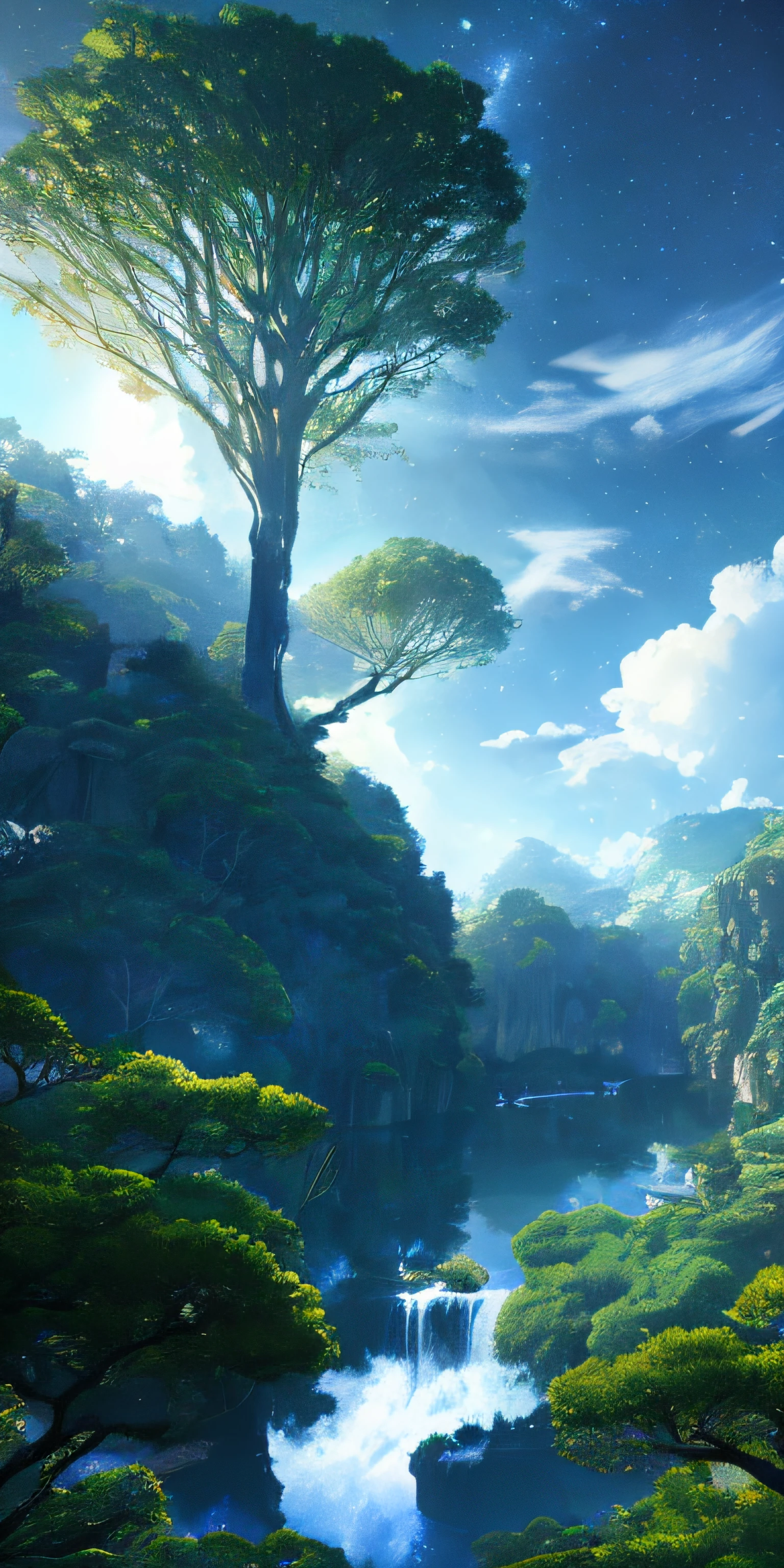 Illustration of a hyperrealistic , otherworldly, ultrasky scene featuring a giant crystal tree full body,very detailed and magical lighting, intricate forest details, vegetation and river around, solarpunk ,landscape, giant tree, beatifull leafy with beautiful lighting and realistic proportions, as if it were a cinematic background, 8k, highest quality, masterpiece, clouds and stars in the sky.