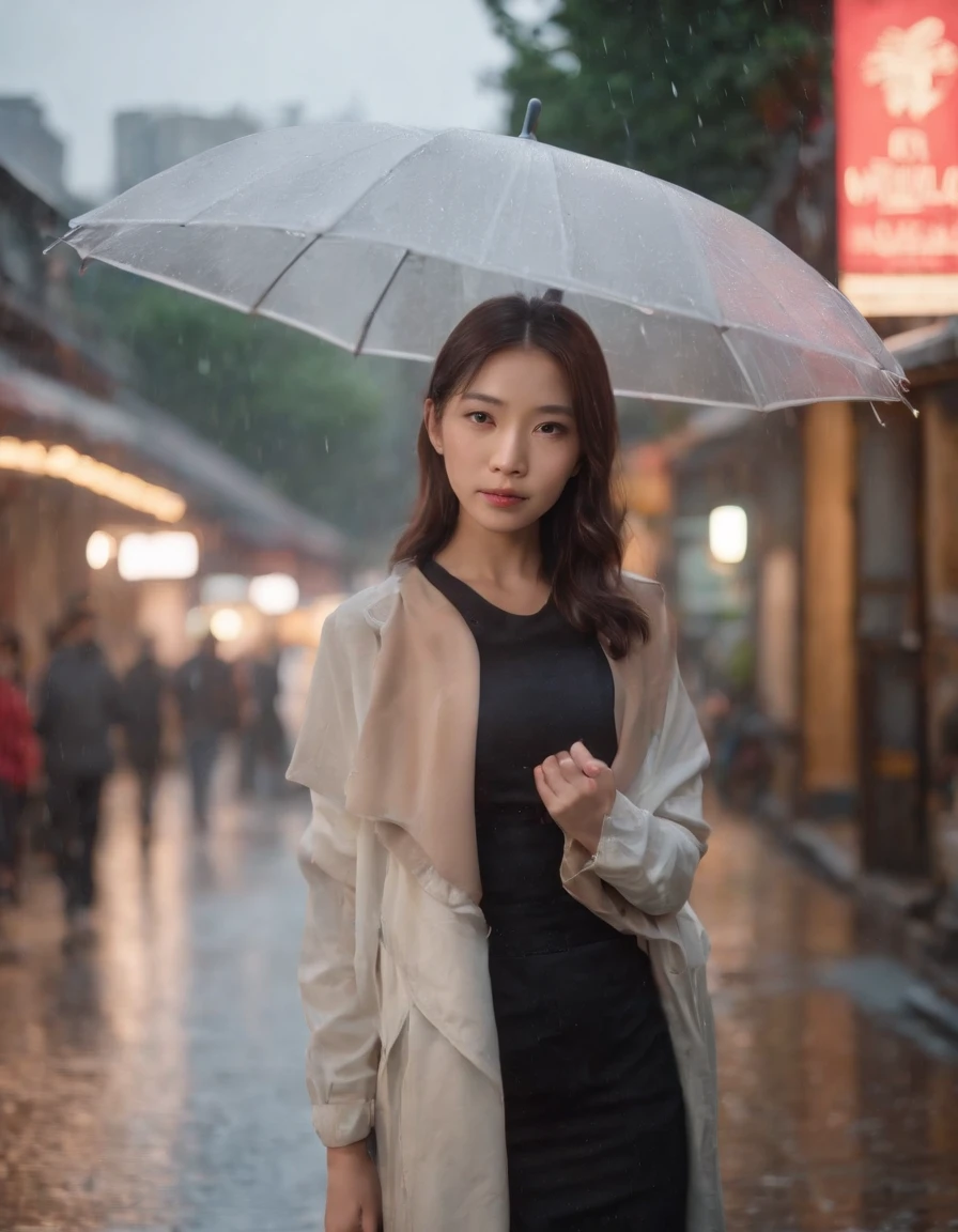 asian female、techno、short-cut、Portrait, 1 Female silhouette, (holding a white umbrella) , Neon light, Urban reflection, raindrops, Wet pavement, Misty, Highly detailed face, Sharp Focus, cinematic shot, Cinematic lighting, Best Quality, nffsw, Raw photo, Film grain, Synestil 50D , Anamorphic Lenses , 35mm lens , scifi movie scene, Cinematic lighting, Cinemascope , masutepiece, Best Quality, (masutepiece,Best Quality:1.5), A hyper-realistic,32K,Raw photo,(High detailed skin:1.2), 8K UHD, Digital SLR, Soft lighting, High quality, Film grain