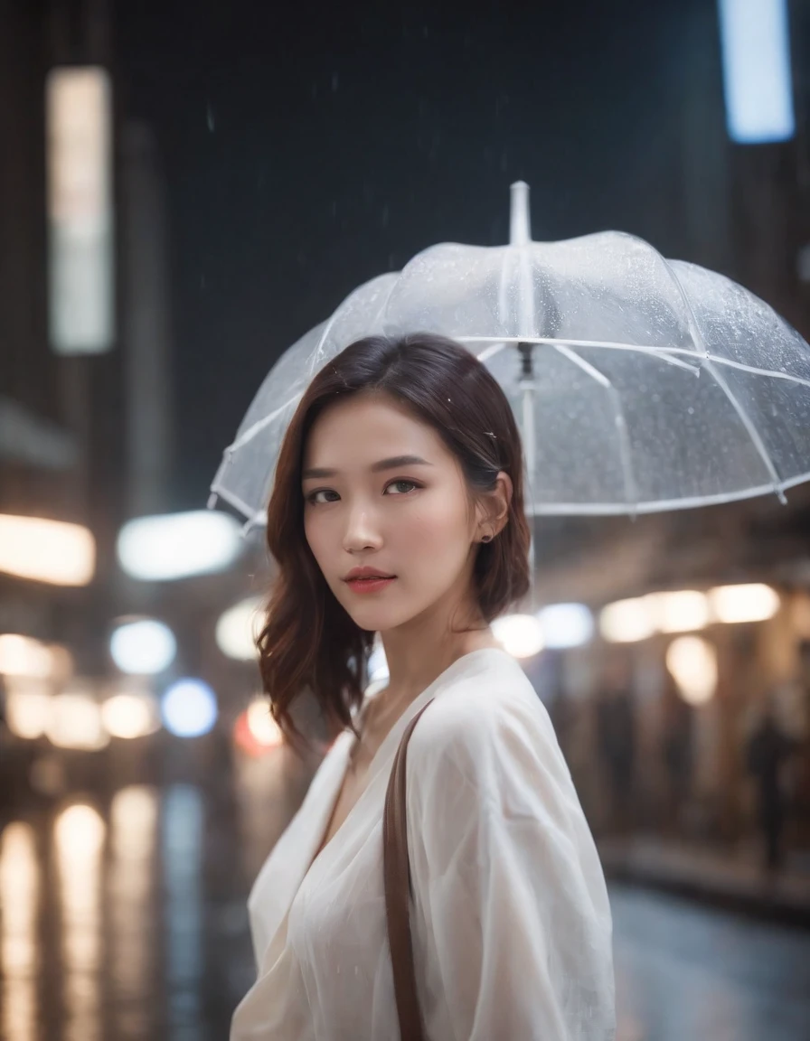 asian female、techno、short-cut、Portrait, 1 Female silhouette, (holding a white umbrella) , Neon light, Urban reflection, raindrops, Wet pavement, Misty, Highly detailed face, Sharp Focus, cinematic shot, Cinematic lighting, Best Quality, nffsw, Raw photo, Film grain, Synestil 50D , Anamorphic Lenses , 35mm lens , scifi movie scene, Cinematic lighting, Cinemascope , masutepiece, Best Quality, (masutepiece,Best Quality:1.5), A hyper-realistic,32K,Raw photo,(High detailed skin:1.2), 8K UHD, Digital SLR, Soft lighting, High quality, Film grain