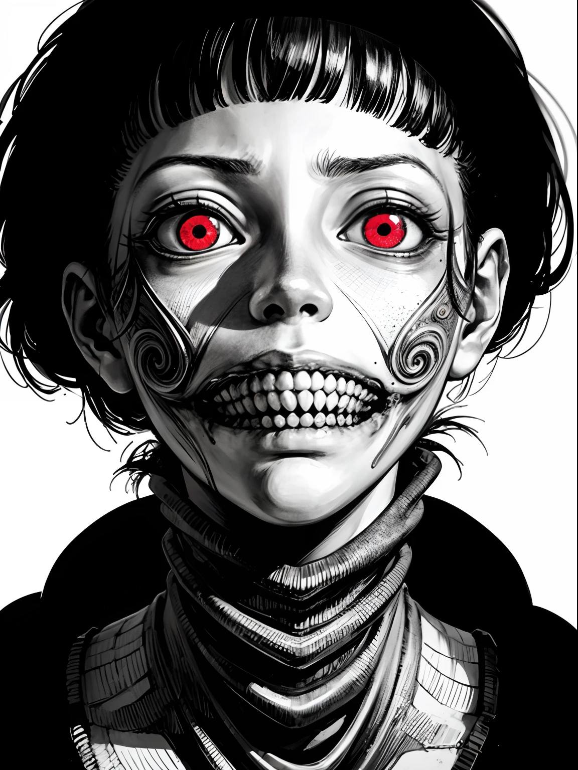 [(Junji Ito:1.5), creepy, dark, black and white, detailed manga line art, scared, horrified, terrified, insane, creepy, unsettling, disturbing, (horror manga style), twisted, warped, psychological horror, grotesque, morbid, surreal]