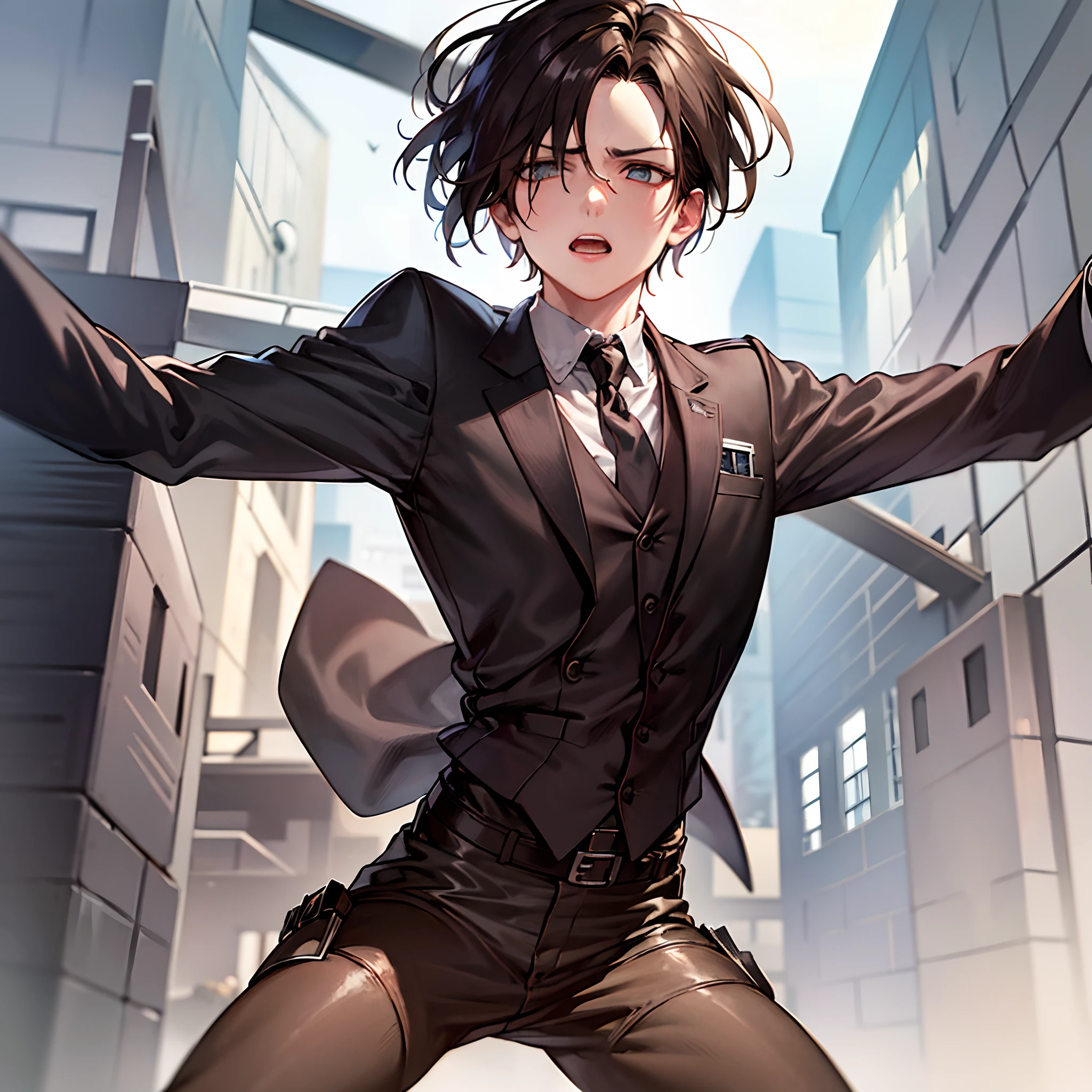 levi ackerman\(1zgame\),1boy,solo, masterpiece, high quality, suit,pose, attack on titan, background titan, 
portrait