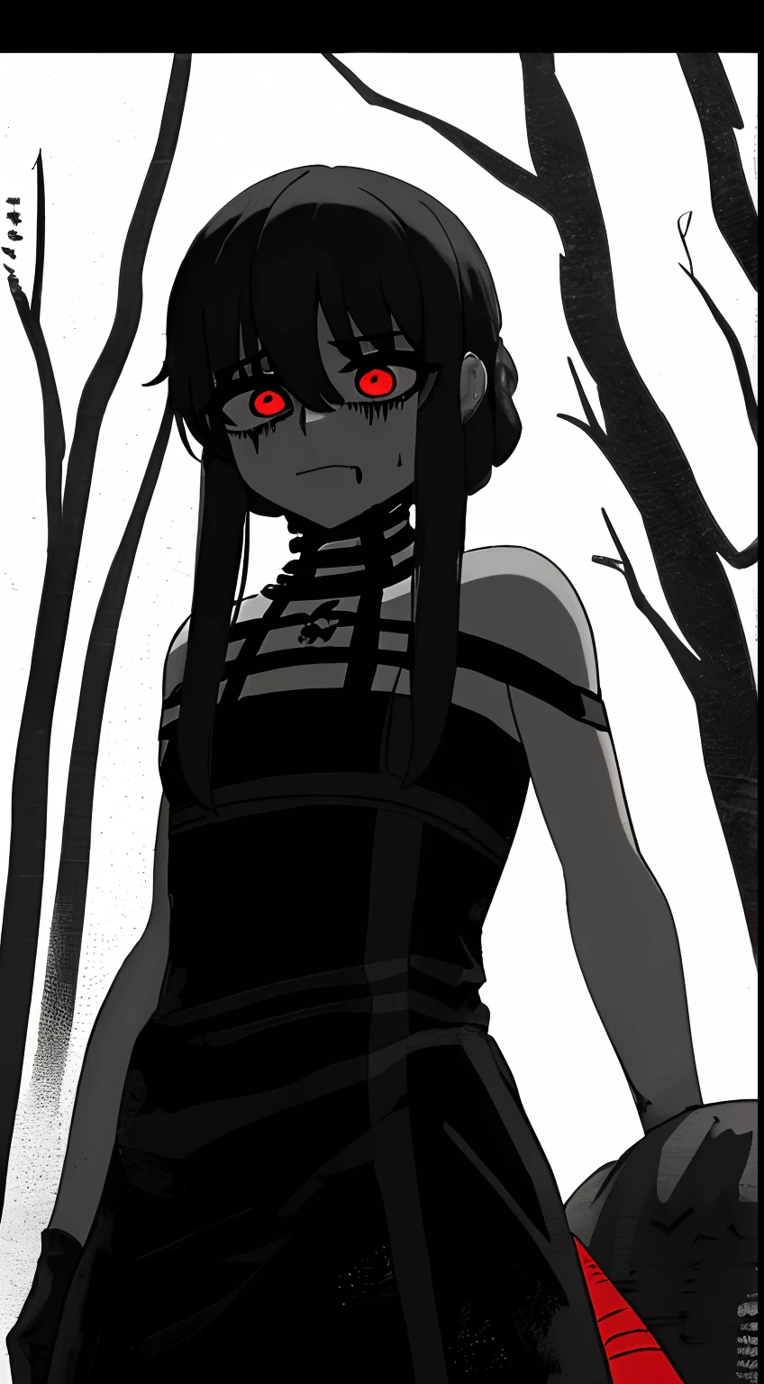 (((Creepypasta))),((miedo)),(((chica aterradora))),cuchillos,((en un bosque)),((manchas de sangre)),chica alduta, sosteniendo un cuchillo,sin un brazo, bosque,asesina,yor,yor forger, (((horror))), horror film,sonrisa aterradora,(pelinegra), suspenso, (((terror))),asesino