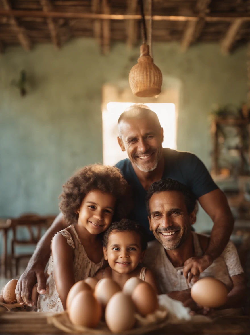 Portrait of a father with his happy family with egg whites and the sun of Rio de Janeiro in Brazil