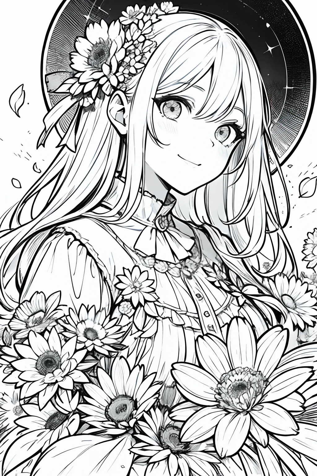 obra maestra, mejor calidad, 1 barbie, solo, cabello largo, mirando al espectador, sonrisa, flequillo, falda, camisa, mangas largas, sombrero, vestido, arco, participation, boca cerrada, flor, volantes, flor del cabello, flower petals, ramo de flores, Clamping flower, volantes centrales, hood, flower clamping bouquet, campo, flor, campo, lineart, monocromo,