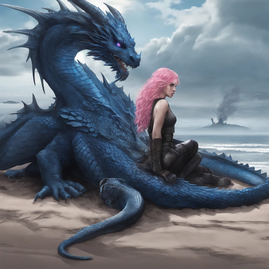 (blue dragon, on the beach, lying down and injured, shaft, blue eyes, big wings (woman, long curly hair, pink hair, blue eyes, petting the dragon)
