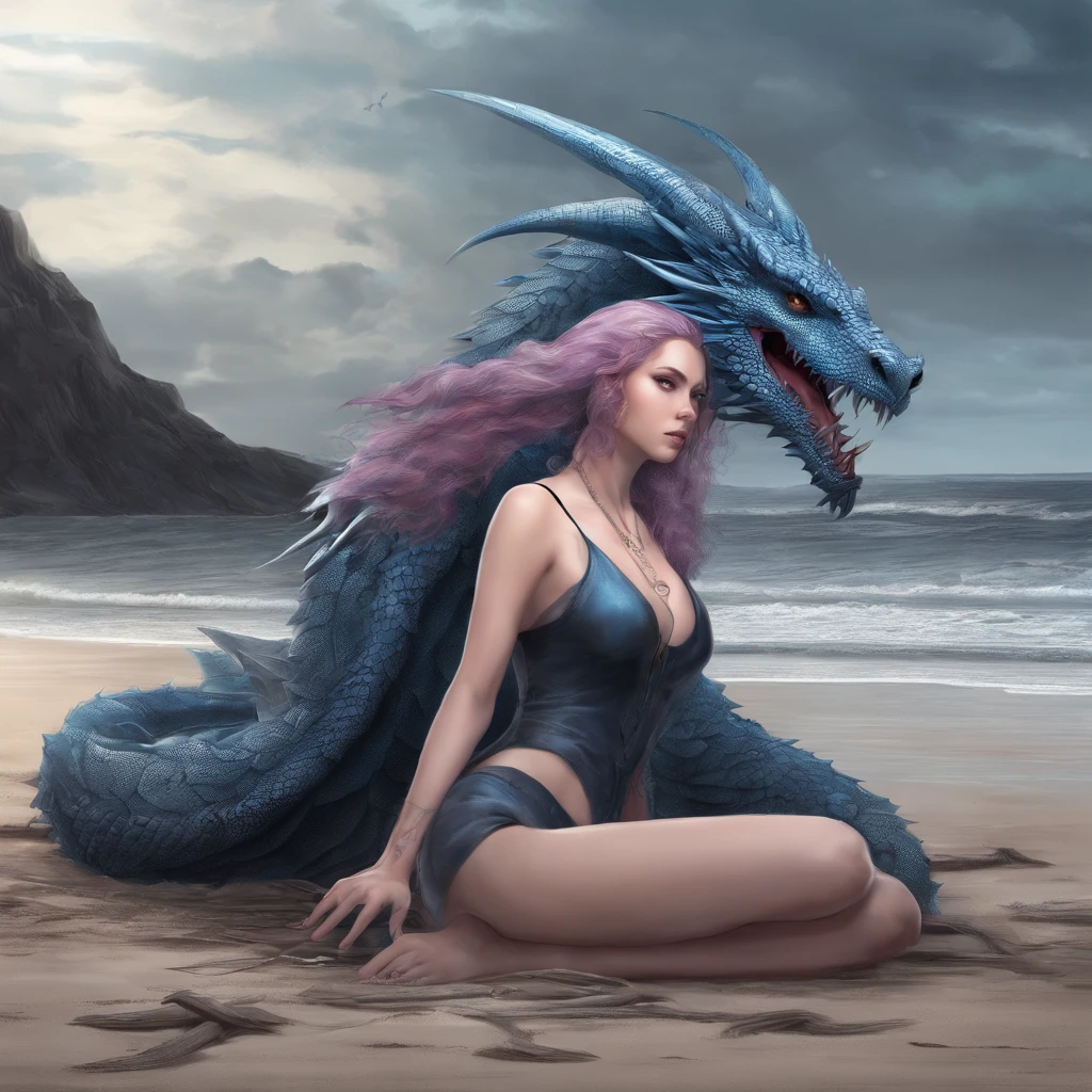 (blue dragon, on the beach, lying down and injured, shaft, blue eyes, big wings (woman, long curly hair, pink hair, blue eyes, petting the dragon)