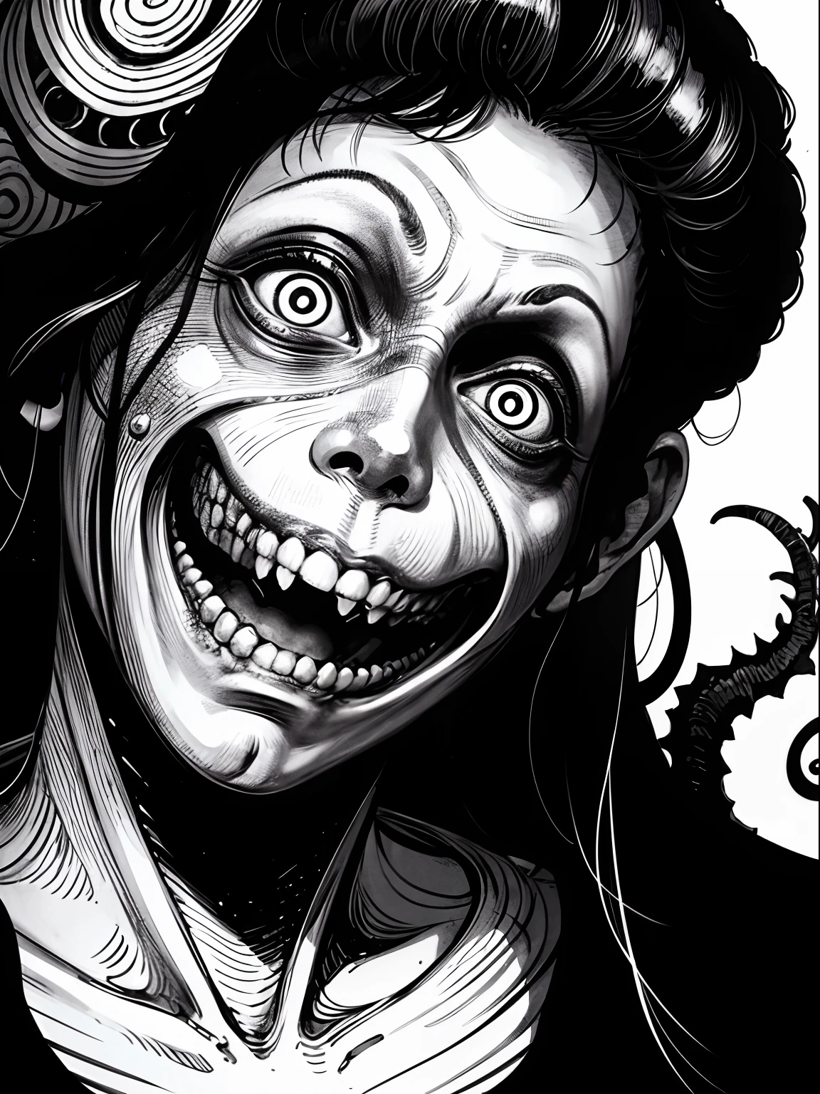 [(Junji Ito:1.5), creepy, dark, black and white, detailed manga line art, scared, horrified, terrified, insane, creepy, unsettling, disturbing, (horror manga style), twisted, warped, psychological horror, grotesque, morbid, surreal]