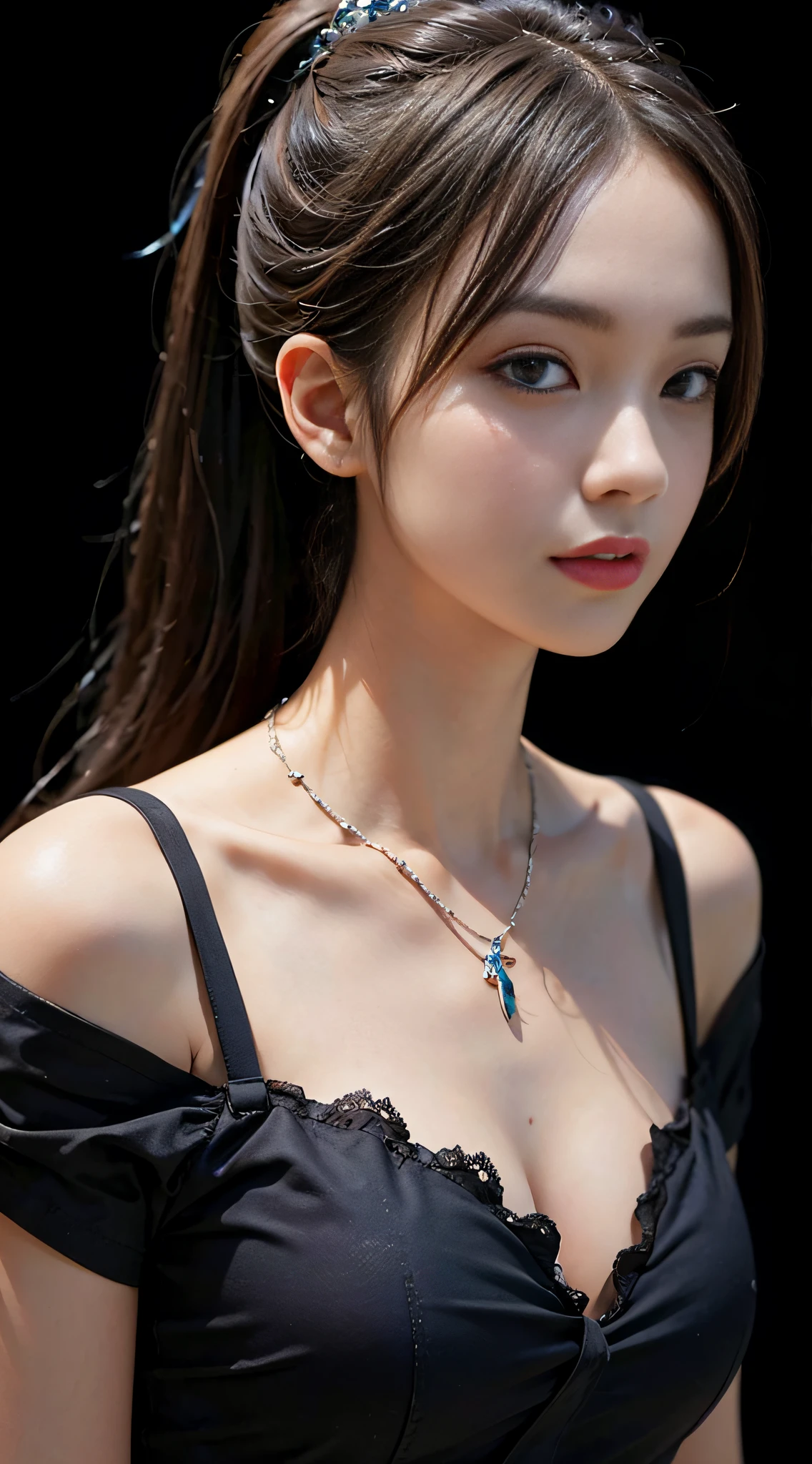 ((​masterpiece:1.4)、(top-quality:1.4)、(reallistic:1.7))、masuter piece:1.4、Kawaii Girl、Portrait photos、Close-up photos、Upper body photography、beautiful countenance、defiance、dark backgrounds、Narrow waist、poneyTail、Raw photo、red-lips、a choker:1.4、a necklace:1.4、耳Nipple Ring:1.4、1 screen display、