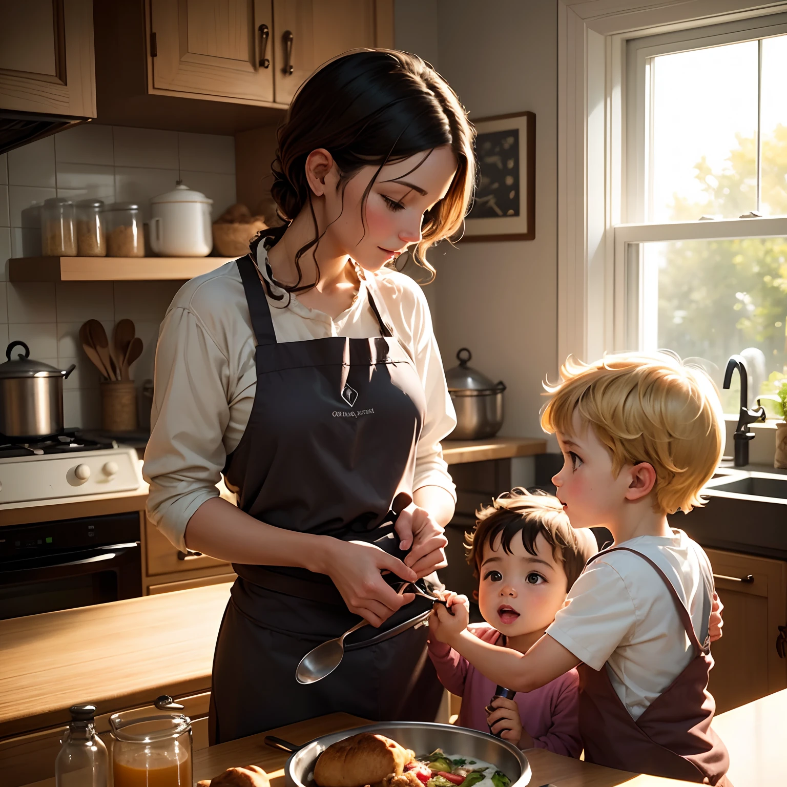 In a cozy kitchen in a sunny house, two boys named Oliver and Theo eagerly gathered around their mommy. They loved nothing more than cooking with her.