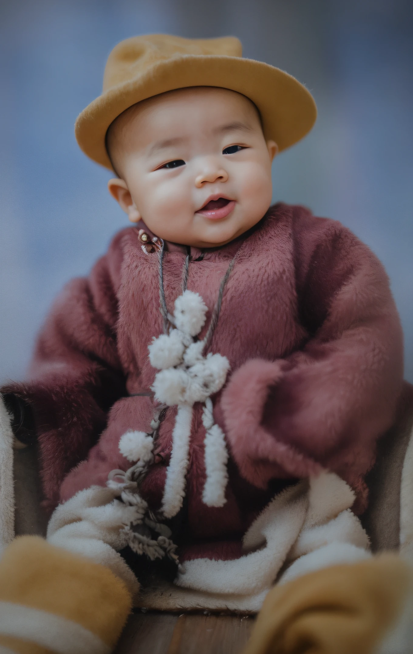 Portrait of a 1 Chinese baby,Goocial features,Symmetrical facial features,Clear ears,Ultra-clear and realistic facial features,With a golden hat on his head,With a hat with a brim,Hat coordination,He was wearing pink clothing,There are small white flowers on the clothes,The texture of the clothes is clear,There are two ropes on the chest,An oversized silver lock hangs from the rope,Ultra-clear texture,Camera shooting effect,Light and shadow are natural,Symmetrical clothes,The collar is symmetrical and coordinated,Wearing black pants,The cuffs are symmetrical and coordinated,Gold shoes,Sit in a child seat,Tat has a handle,Ultra-clear realistic 8K,Very detailed eyes and face, hugefilesize, The background is clean and coordinated,Ultra detail, High definition, Very detailed, Best quality, Masterpiece, , Realistis, Real, Unity, 8K wallpaper,Background details for foreground objects (Masterpiece: 1.2) (Photorealistic: 1.2) (Bokeh: 1.2) (Best quality) (Color grading) (Detailed skin: 1.3) (complex) (8K) (hdr) (Movie lighting: 1.3) (Sharp focus), Glossy glossy skin, Front-facing Ultra HD, Digital SLR, Soft lighting, High quality, film gram, Fujifilm XT3