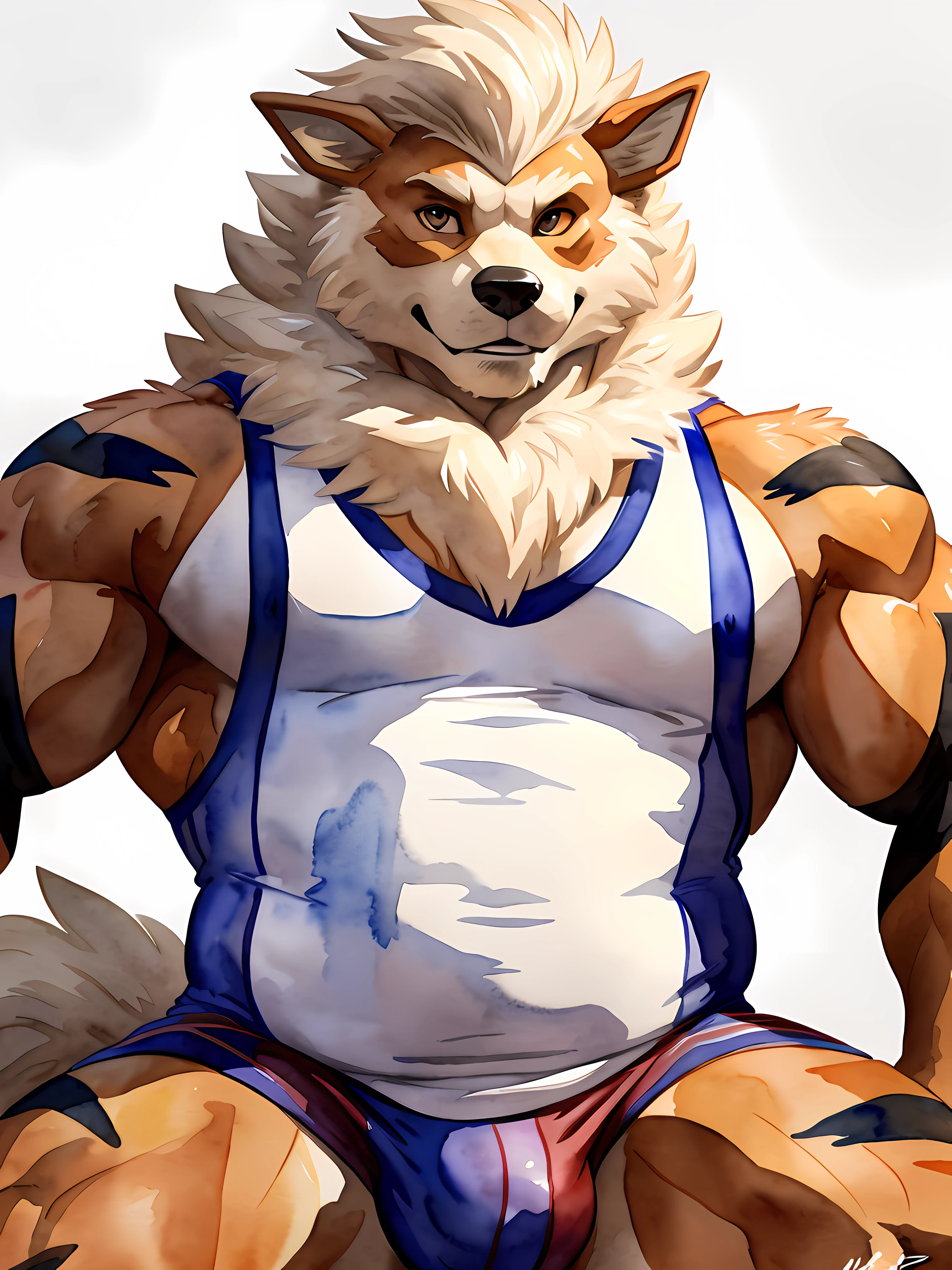 anthro Arcanine, posing for the camera. 4k, high resolution, best quality, posted on e621, (solo:1.2), anthro body, male, mane, adult, masculine, (athletic, muscular, heavyweight:1.2), correct anatomy, (white background, no background:1.1), (by wfa:1.2), (by chunie, by Taran Fiddler:0.8), (detailed eyes:1.2), sexy, (cel shaded:1.2), cartoony shading, (watercolors:1.2), (fluffy tail:1.2), (full body:1.2), cocky smile, single lowered brow, (wrestling singlet, bulge:1.1), (looking at viewer:1.2), bright eyes, front view