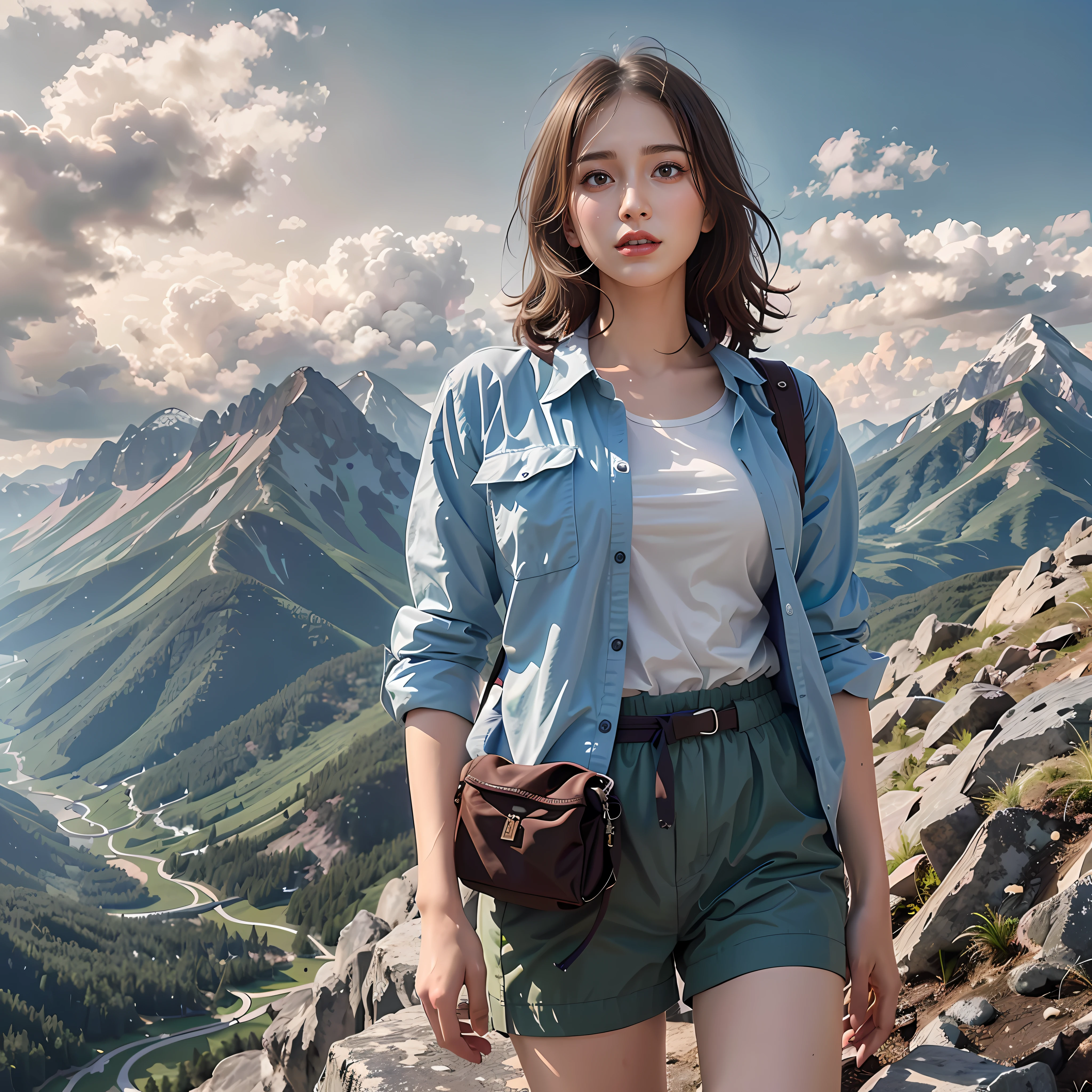 (Ultra-detailed background, Stunning mountain views, blue open sky, White clouds):1.3, Shoot with an ultra-wide-angle lens, The upper part of the body, (the morning sun), (Medium hair, Dark brown hair), (top-quality, Photorealsitic:1.4, Masterpiece:1.3, RAW photography:1.2, cinematric light, very detailed illustration), (1womanl:1.3, Solo), (Check checked shirts with buttons, Keep the hem of the shirt, Hiking shorts), (Carrying a backpack), (Walk along mountain trails), (Super delicate face, Super beautiful production, hyper detail eyes, Super delicate nose, Super delicate mouth, Ultra-detailed facial features), (Medium breast:1.3), A smile, Light and shadows