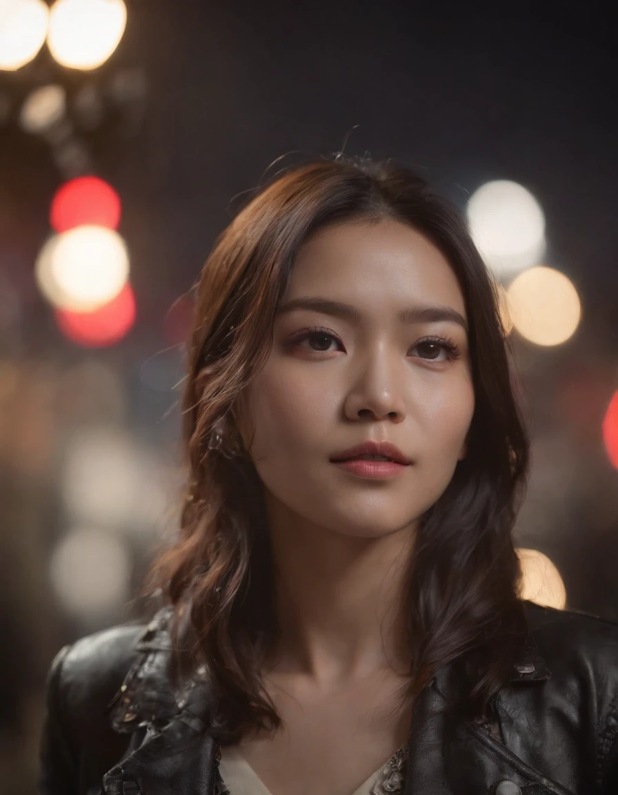 asian female、techno、Hairstyle shortcuts、Portrait, 1 Female silhouette, , Neon light, Urban reflection, raindrops, Wet pavement, Misty, Highly detailed face, Sharp Focus, cinematic shot, Cinematic lighting, Best Quality, nffsw, Raw photo, Film grain, Synestil 50D , Anamorphic Lenses , 35mm lens , scifi movie scene, Cinematic lighting, Cinemascope , masutepiece, Best Quality, (masutepiece,Best Quality:1.5), A hyper-realistic,32K,Raw photo,(High detailed skin:1.2), 8K UHD, Digital SLR, Soft lighting, High quality, Film grain、Beautiful eyes