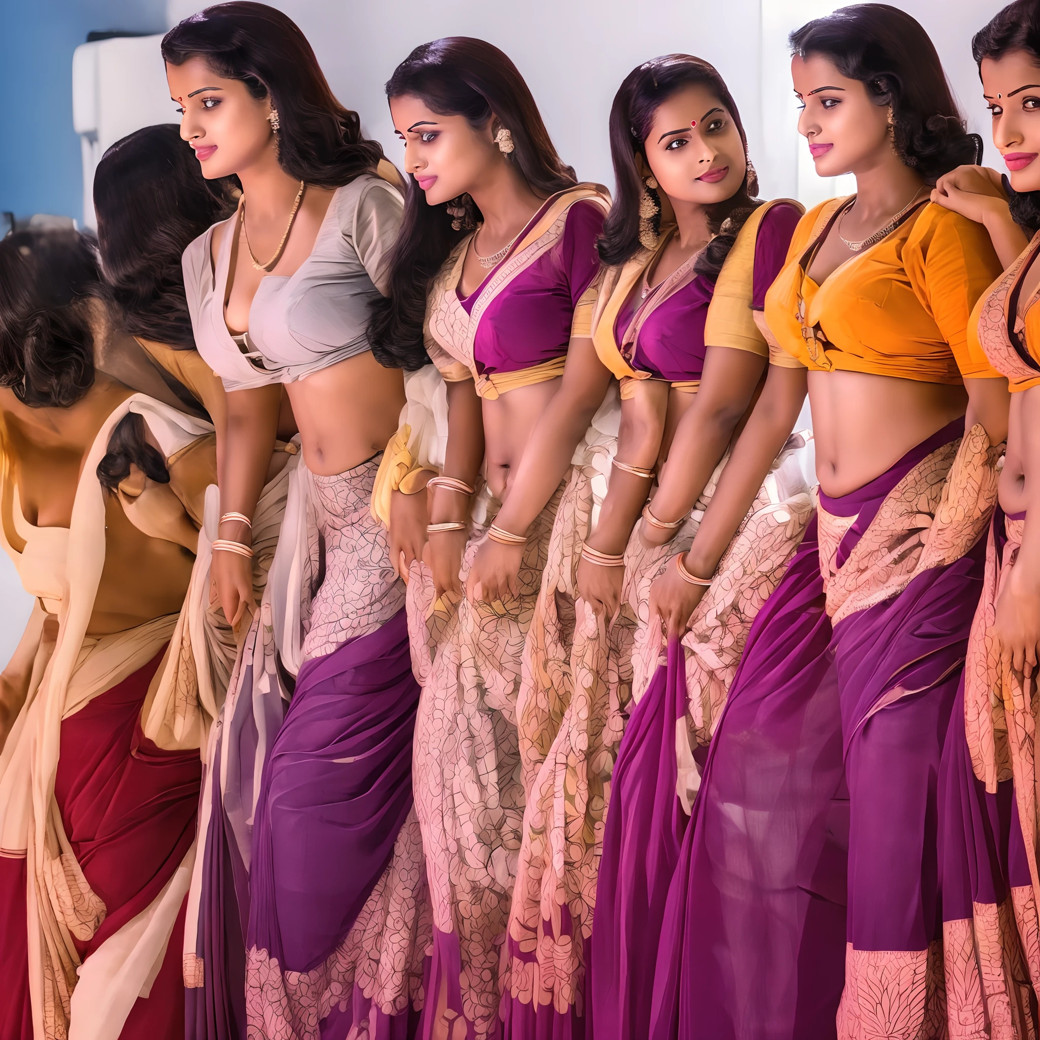 Young Indian Kerala women (flight attendants:1.3), saree , (1950s:1.3), ultra realistic, shot on kodak, photorealistic, anatomically correct, group of women, posing, visible navel, satin, busty, deep cleavage, downblouse, visible thighs