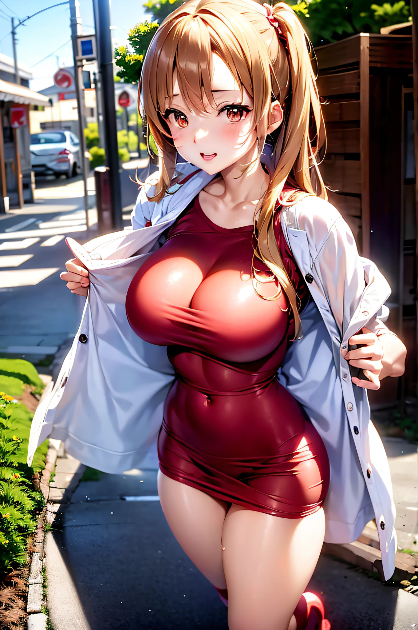 anime girl in a red and white outfit walking down a street, asuna yuuki, asuna from sao