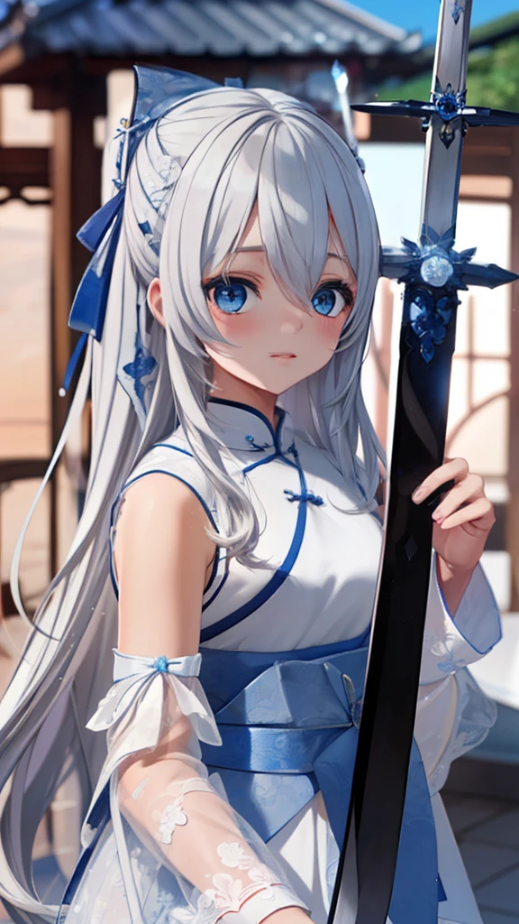 ((Best quality)), ((Masterpiece)), ((Ultra-detailed)), (illustration), (Detailed light), (An extremely delicate and beautiful),A charming young girl,long white hair,Blue sky,(Chinese Garden),((Sword dance))