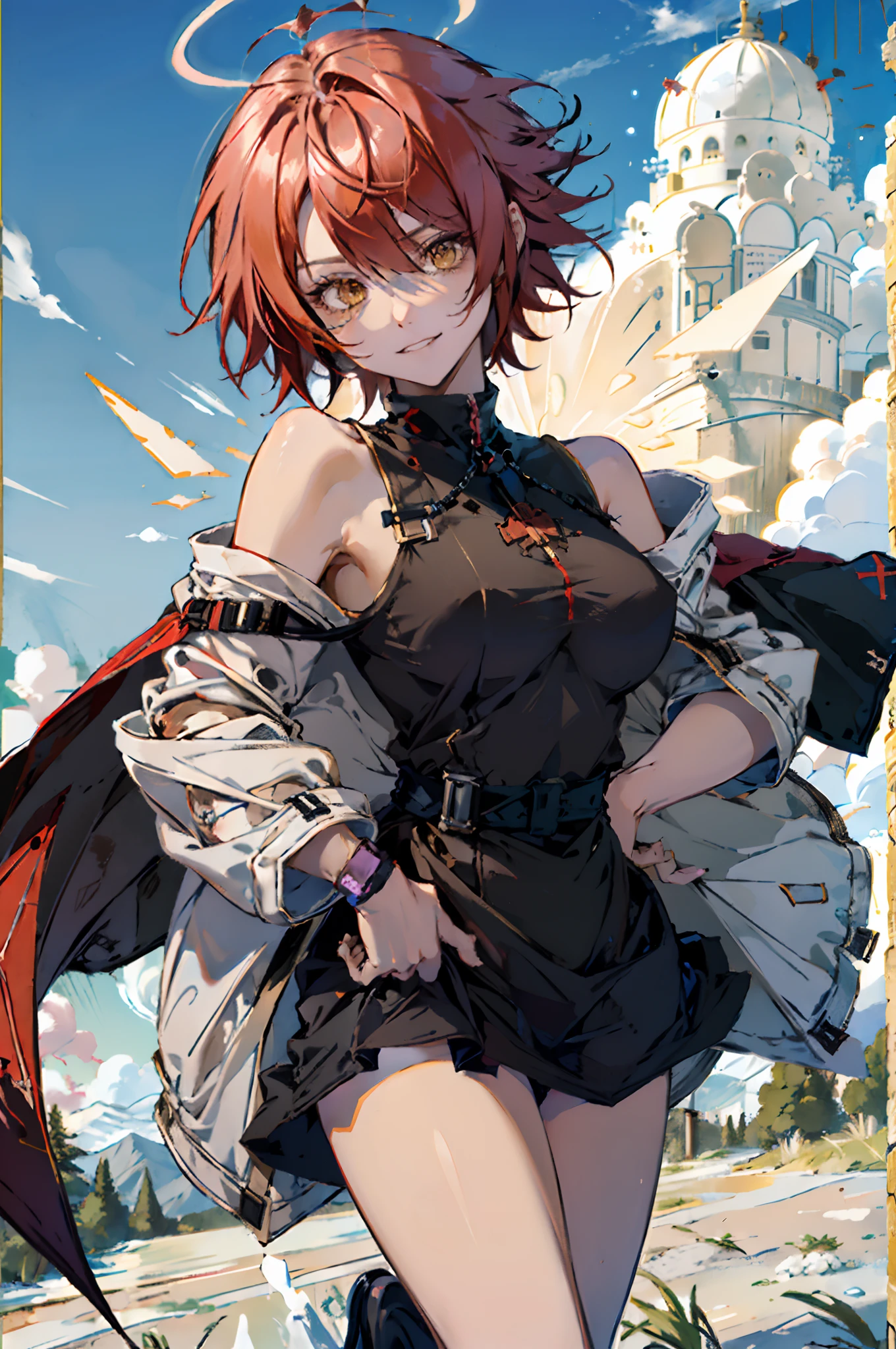 Pure sky，Plump legs，Anime girl standing gracefully on the ground，Black cape and red hair, rogue anime girl, Anime girl standing, Wearing a cloak on the blasted plain, asuka suit under clothes!, angel girl, badass posture, mechanic punk outfit, anime styled 3d, render of a cute 3d anime girl, gapmoe yandere grimdark, Female character，musculature，Abs，glowing bright yellow eyes，Bright red hair，short detailed hair，Dull hair，（Muscle 2.0），Tomboyish，Be red in the face，looking at viewert，Elaborate Eyes，huge tit，1.5，Put your hands in your pockets，ssmile，blacksilk，Straight big breasts，strappy，Black hot miniskirt，White bandeau，Toothless smile，Lower breast，Mechanical wind，There are no cities，Side breasts，Excitation，Top crotch，Sexy lower abdomen，extremely large bosom，High-fork panties，looking at viewert，nabel，chest-hugging，The halo，dynamicposes，Tall anime girl，cropped shoulders，Clean and pure sky，Place the index finger of your right hand in front of your mouth，over knee socks，Half-off white cloak，Ark of Tomorrow，Can angel，having fun，is shy