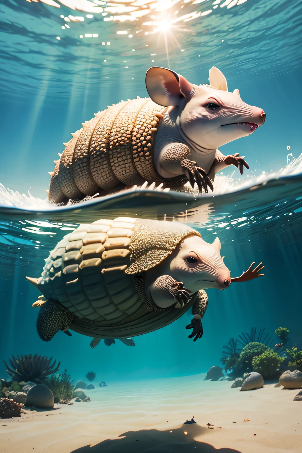 Wild armadillo swimming with sunny background