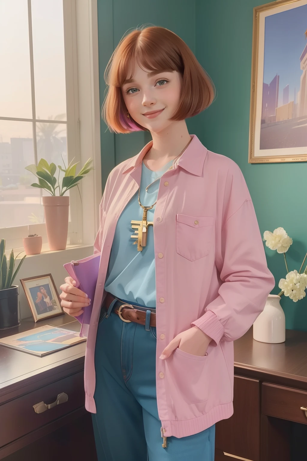 year: 2023. Location: Phoenix. Pre-Raphaelite scene with a 17-year-old Emma Myers, with a bob haircut, colorful clothes and a big smile, ((holding a key)), in a masculine home office, ((((casual Clothing from the 2020s)))) ((Hairstyle of the 2020s)), pastel colors, (((cinematic style)))